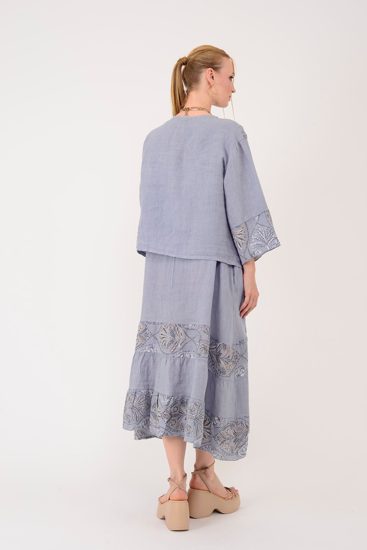 8399 LOVA YAPRAK DESEN BOLERO CEKETLİ 2'Lİ KETEN TAKIM