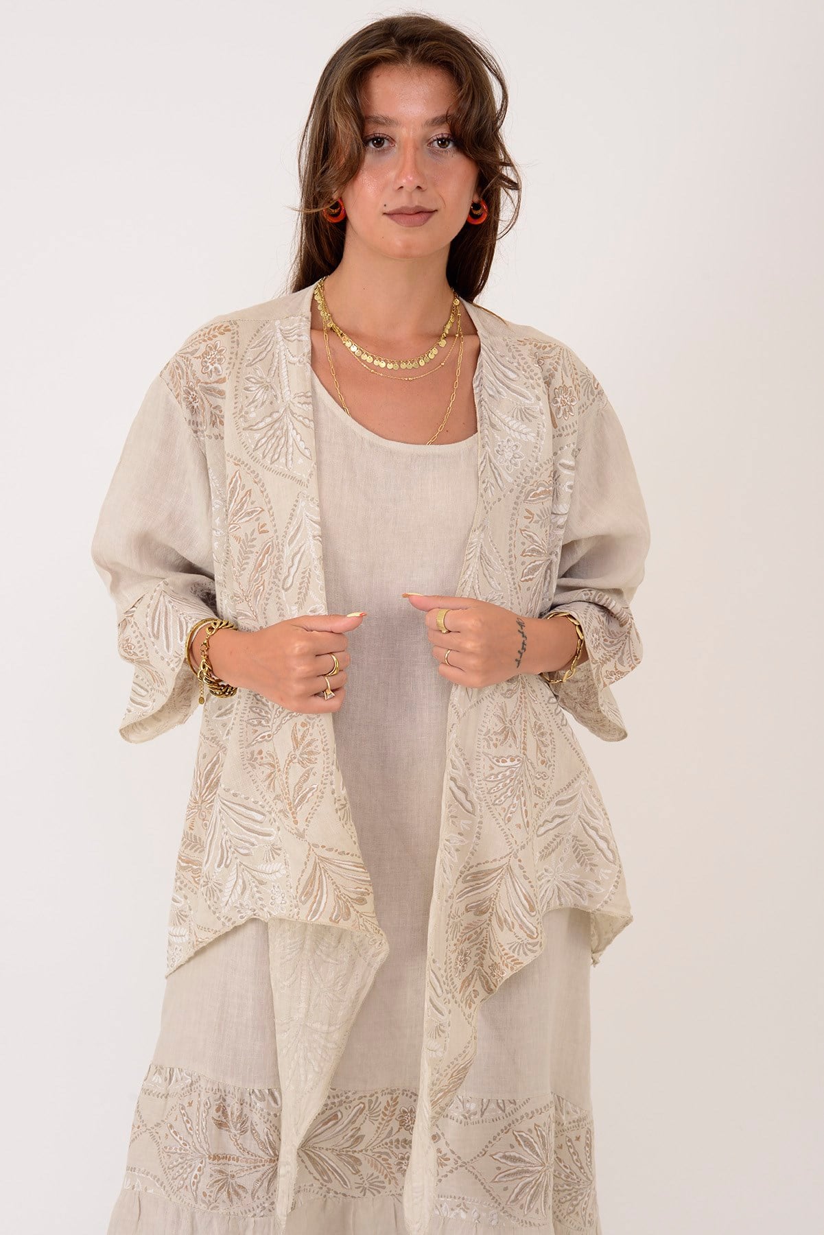 8399 LOVA YAPRAK DESEN BOLERO CEKETLİ 2'Lİ KETEN TAKIM