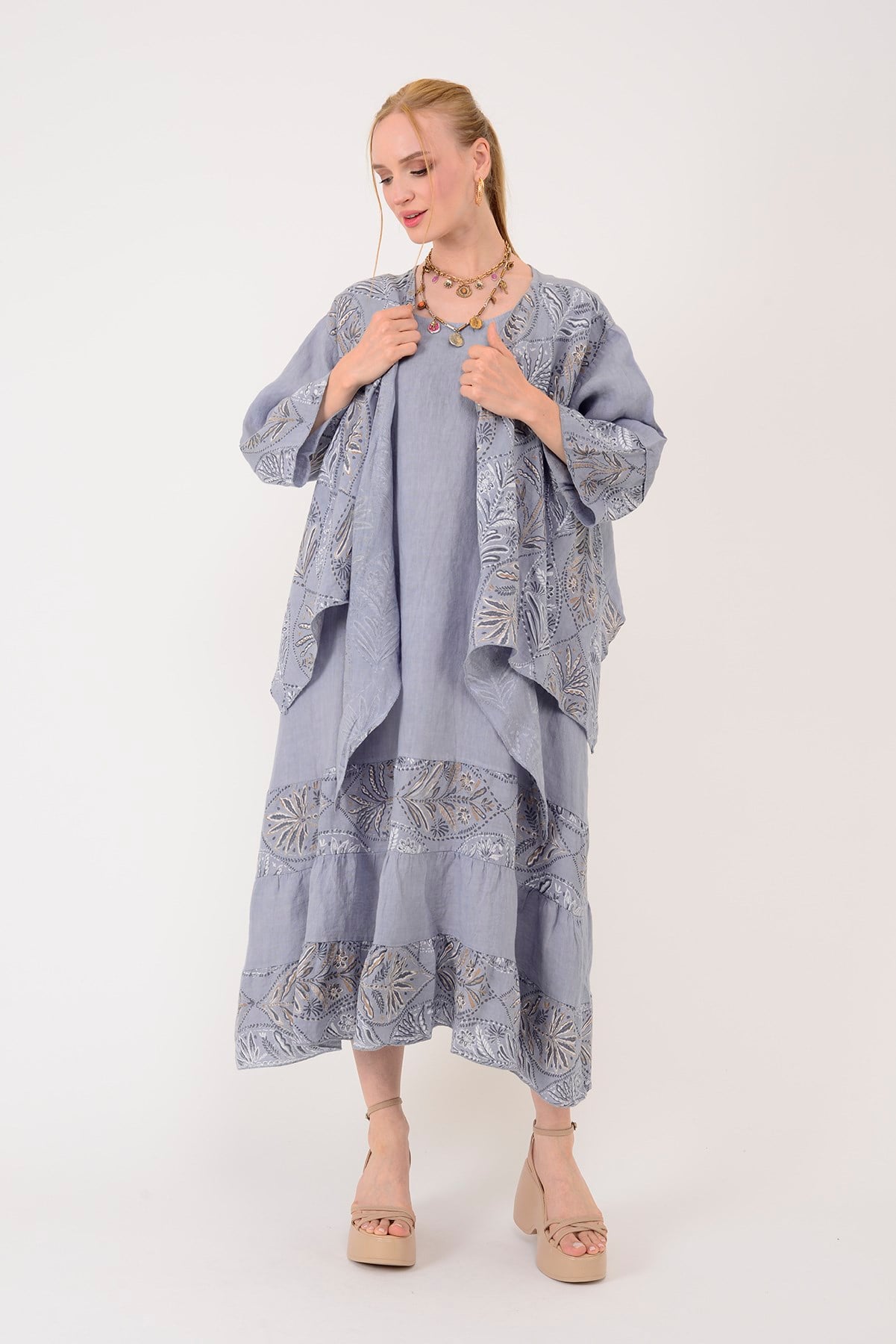 8399 LOVA YAPRAK DESEN BOLERO CEKETLİ 2'Lİ KETEN TAKIM