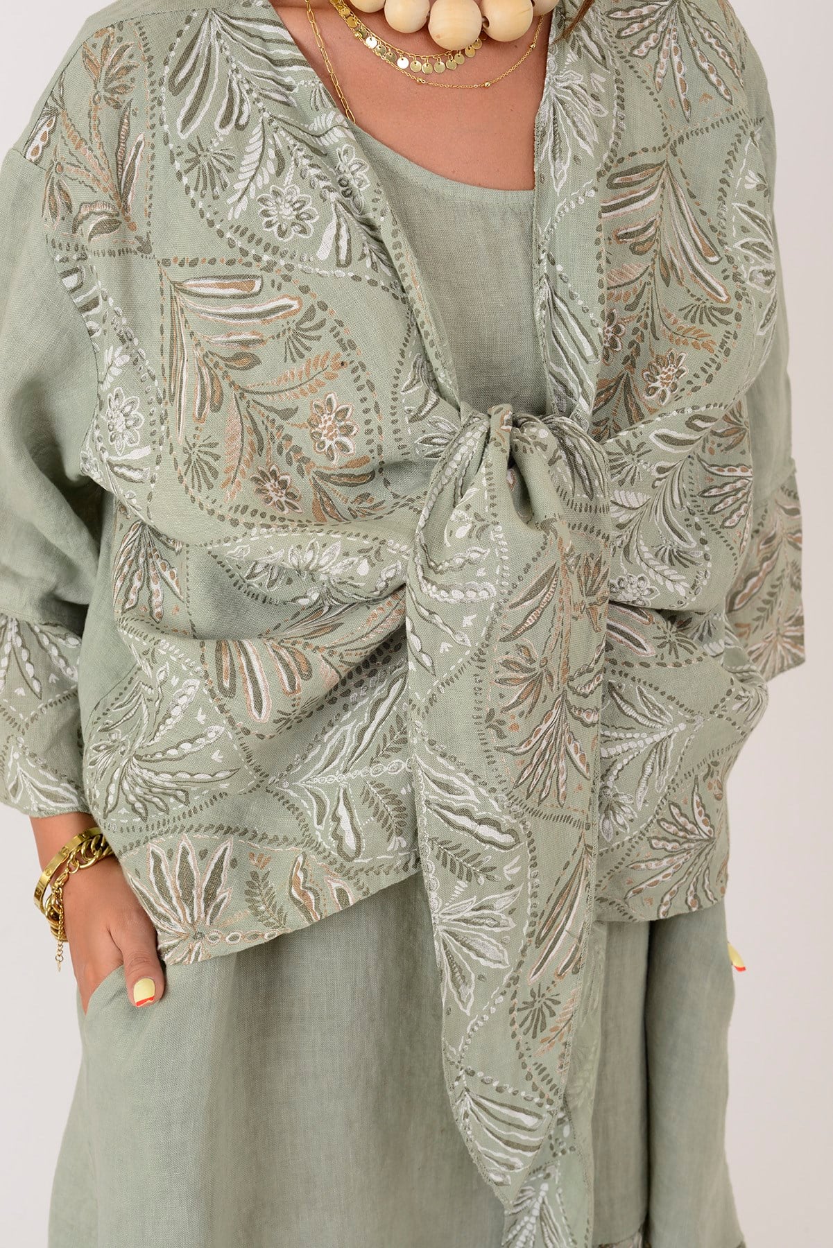 8399 LOVA YAPRAK DESEN BOLERO CEKETLİ 2'Lİ KETEN TAKIM