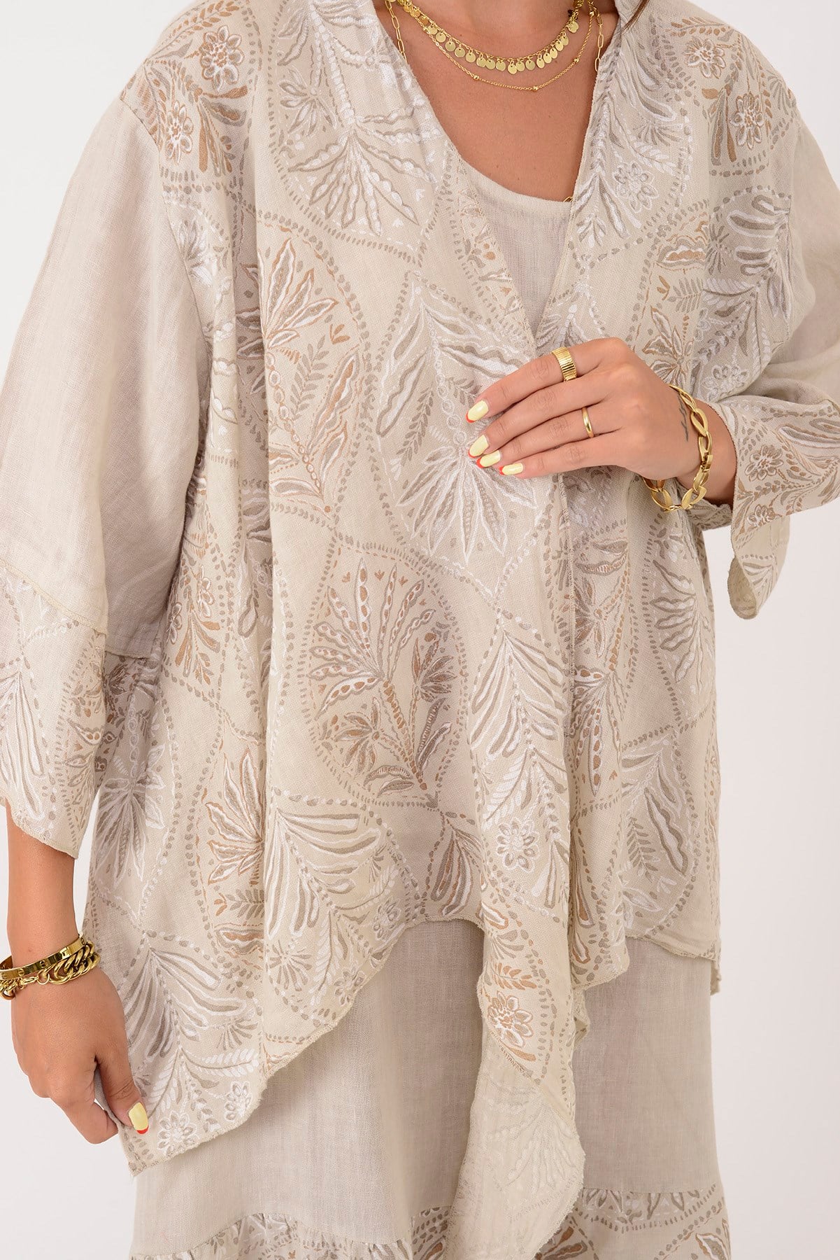 8399 LOVA YAPRAK DESEN BOLERO CEKETLİ 2'Lİ KETEN TAKIM