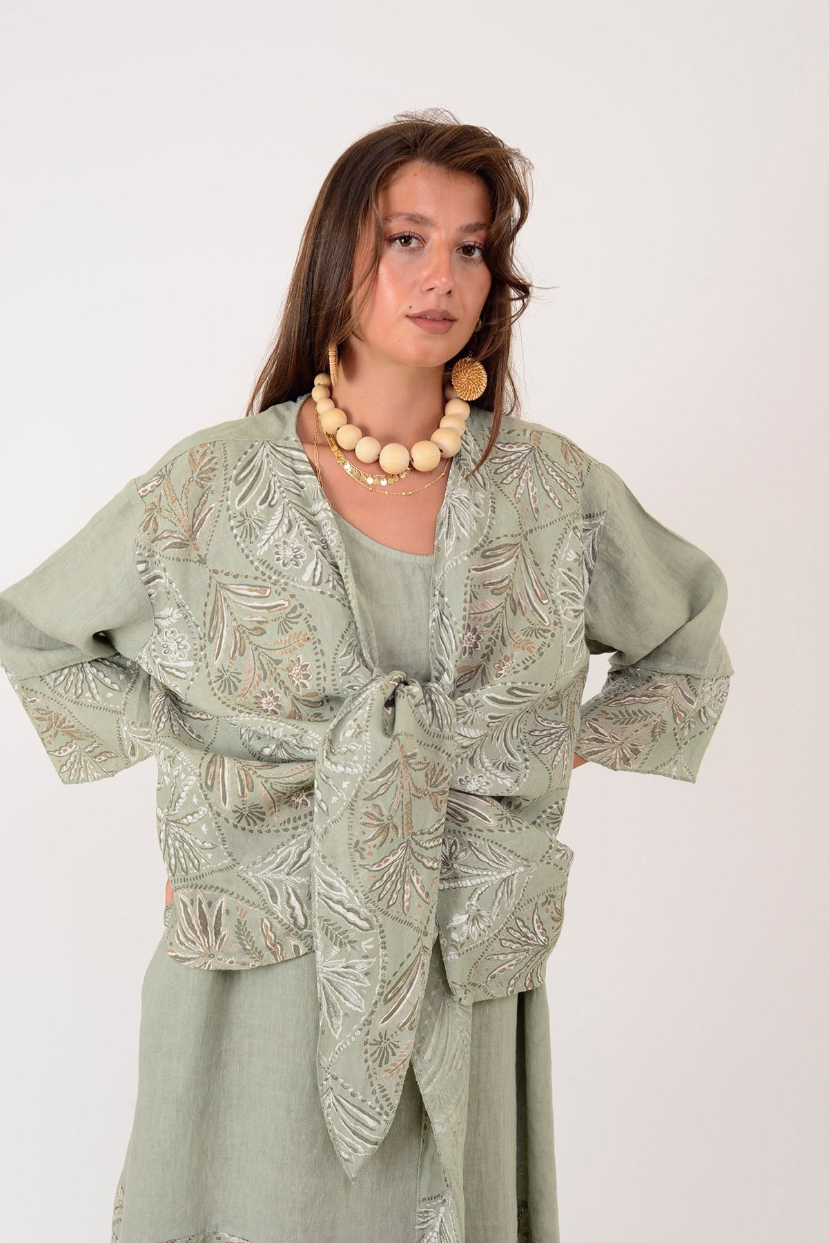 8399 LOVA YAPRAK DESEN BOLERO CEKETLİ 2'Lİ KETEN TAKIM