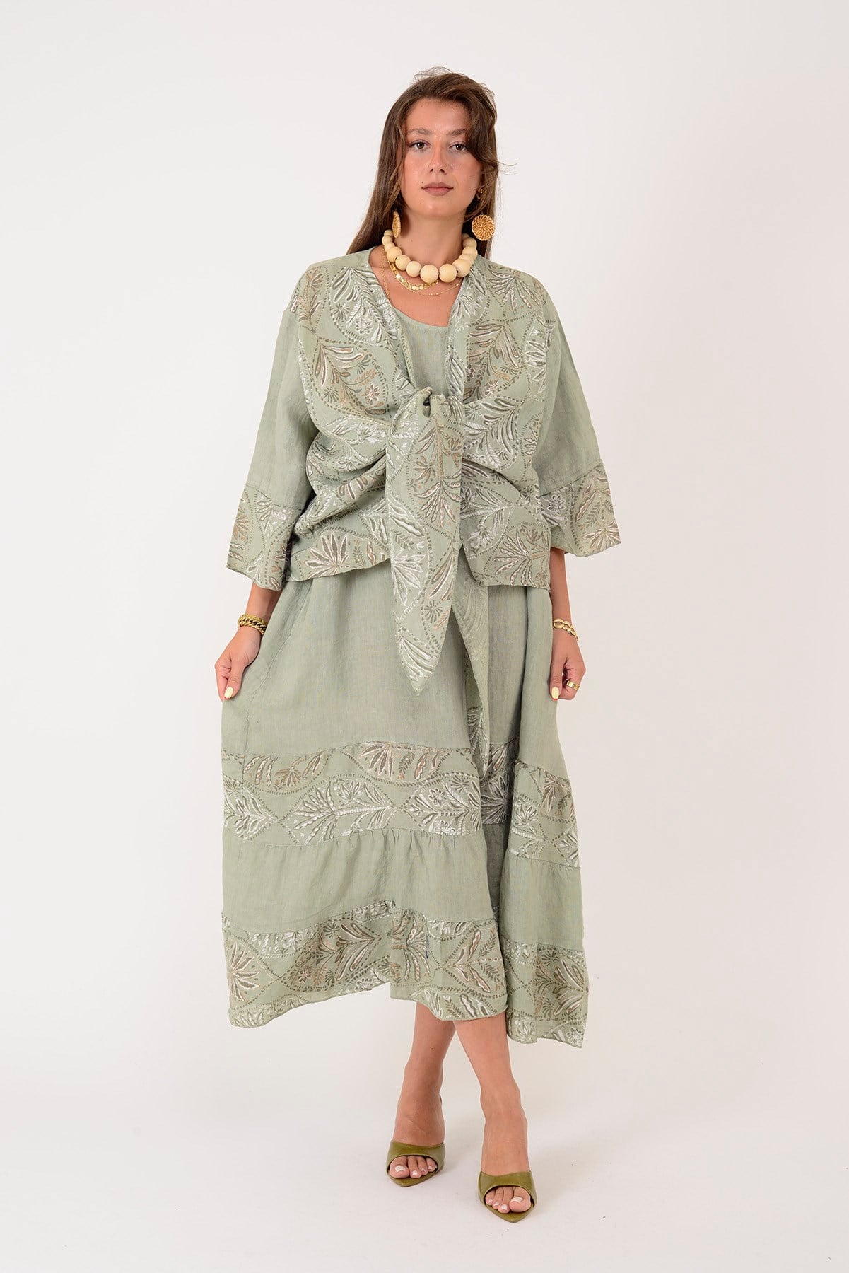 8399 LOVA YAPRAK DESEN BOLERO CEKETLİ 2'Lİ KETEN TAKIM