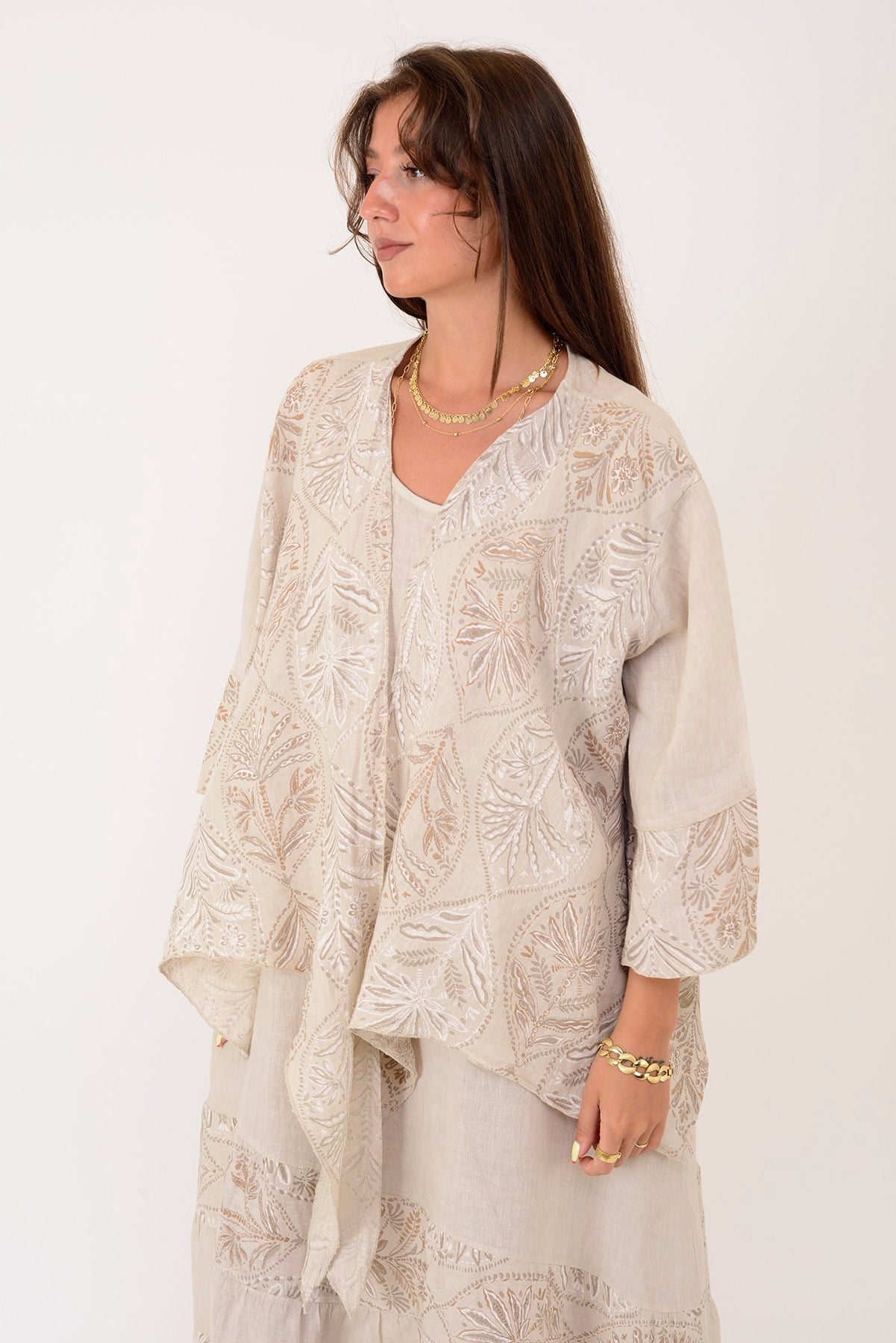 8399 LOVA YAPRAK DESEN BOLERO CEKETLİ 2'Lİ KETEN TAKIM
