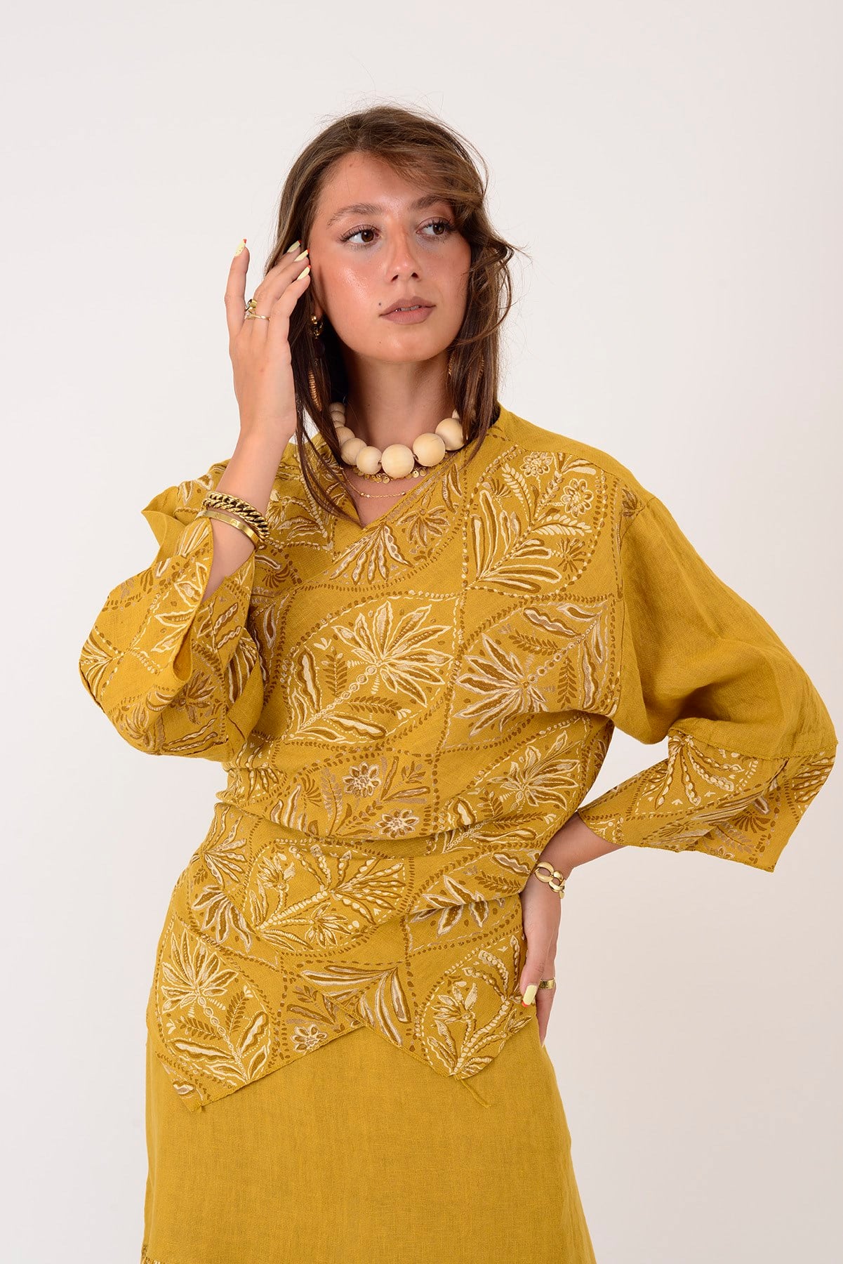 8399 LOVA YAPRAK DESEN BOLERO CEKETLİ 2'Lİ KETEN TAKIM