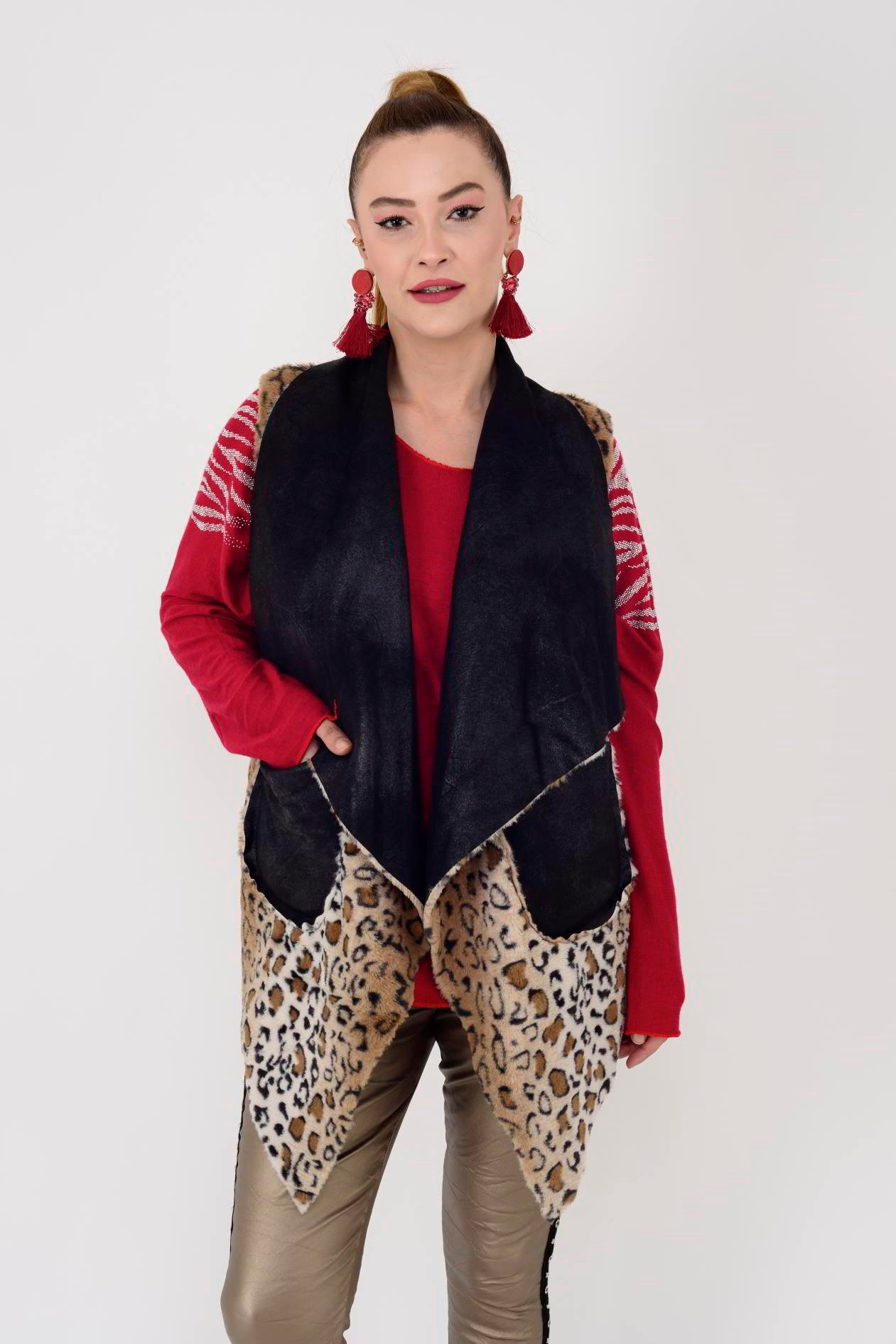 8470 İÇİ LEOPAR DESENLİ ÇİFT TARAFLI NUBUK YELEK