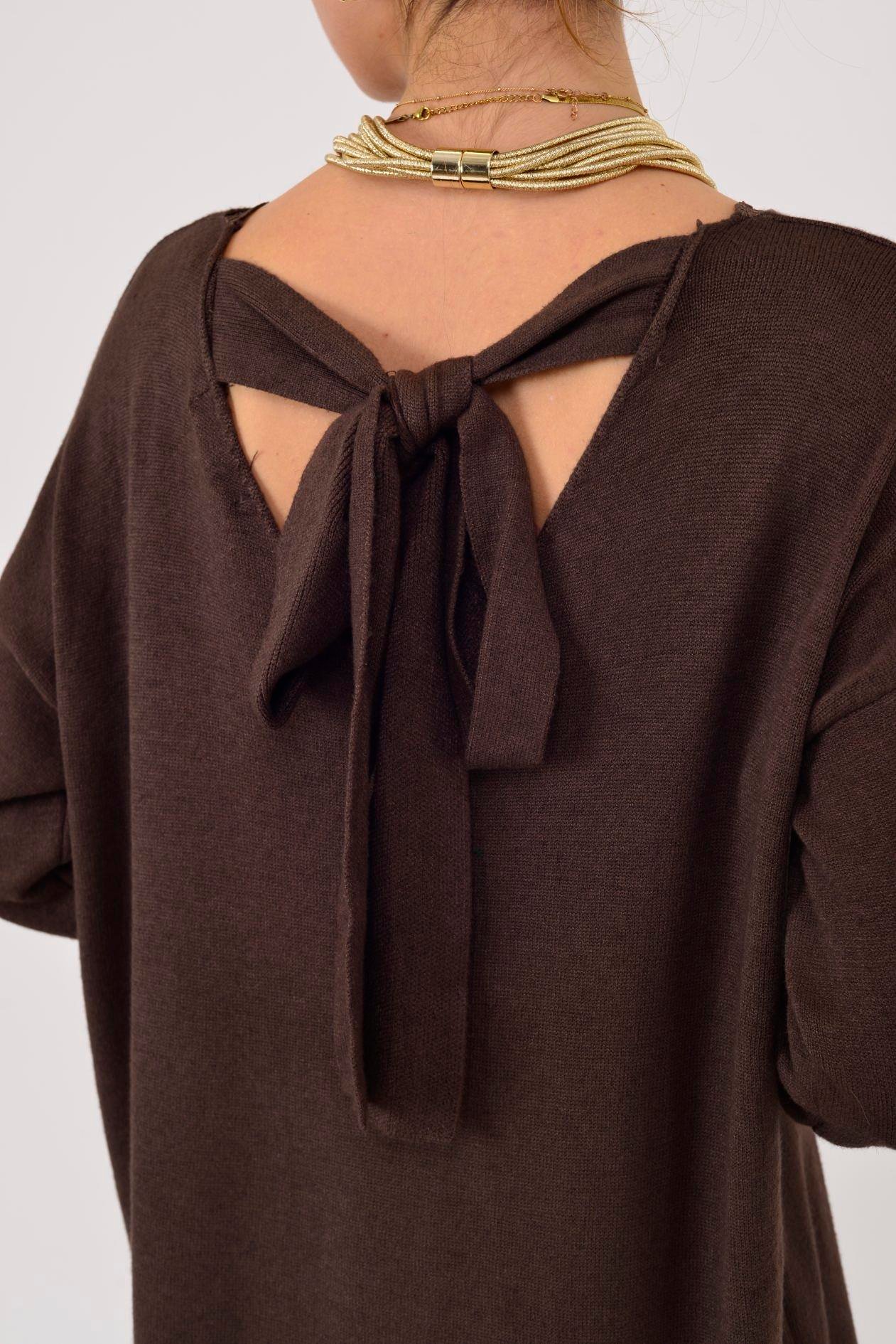 8612 IDOL SIRTI FİYONK DETAYLI YAKASI DANTELLİ TRİKO ELBİSE