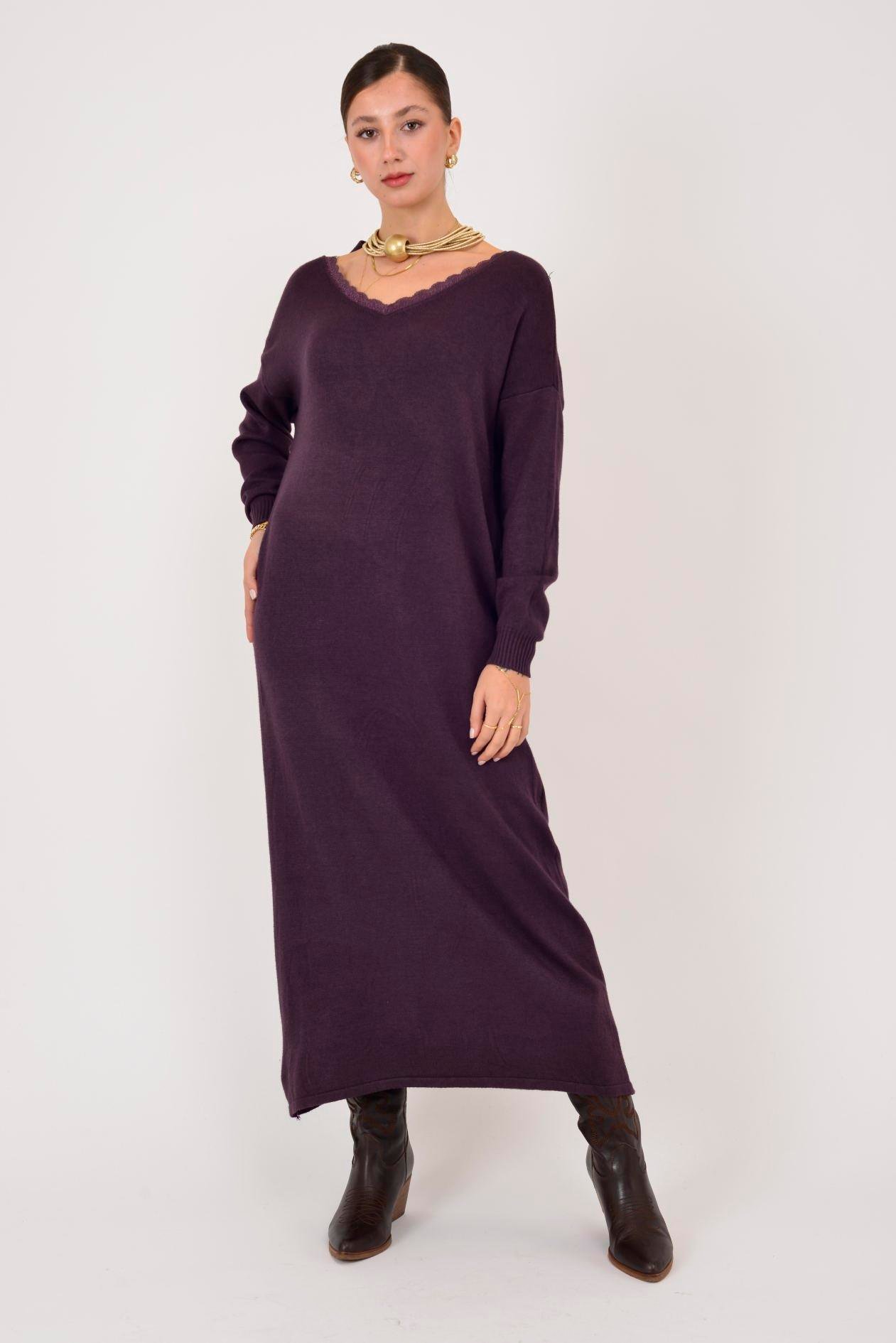 8612 IDOL SIRTI FİYONK DETAYLI YAKASI DANTELLİ TRİKO ELBİSE