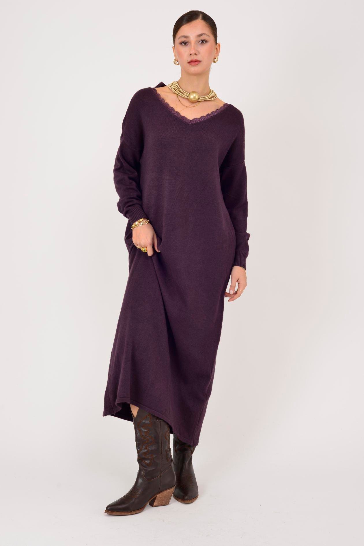 8612 IDOL SIRTI FİYONK DETAYLI YAKASI DANTELLİ TRİKO ELBİSE