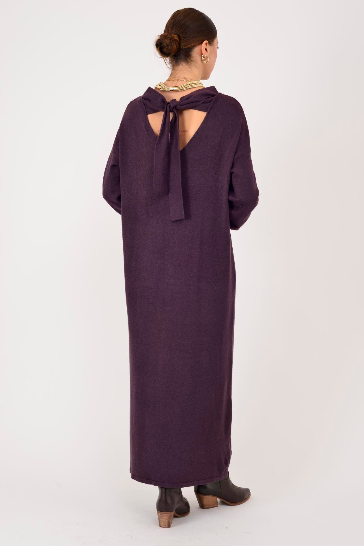 8612 IDOL SIRTI FİYONK DETAYLI YAKASI DANTELLİ TRİKO ELBİSE