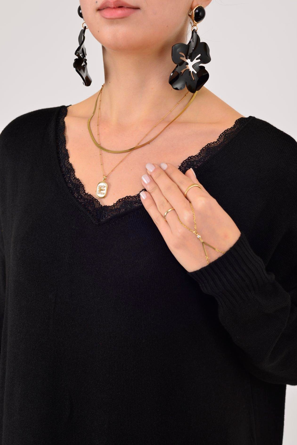 8612 IDOL SIRTI FİYONK DETAYLI YAKASI DANTELLİ TRİKO ELBİSE