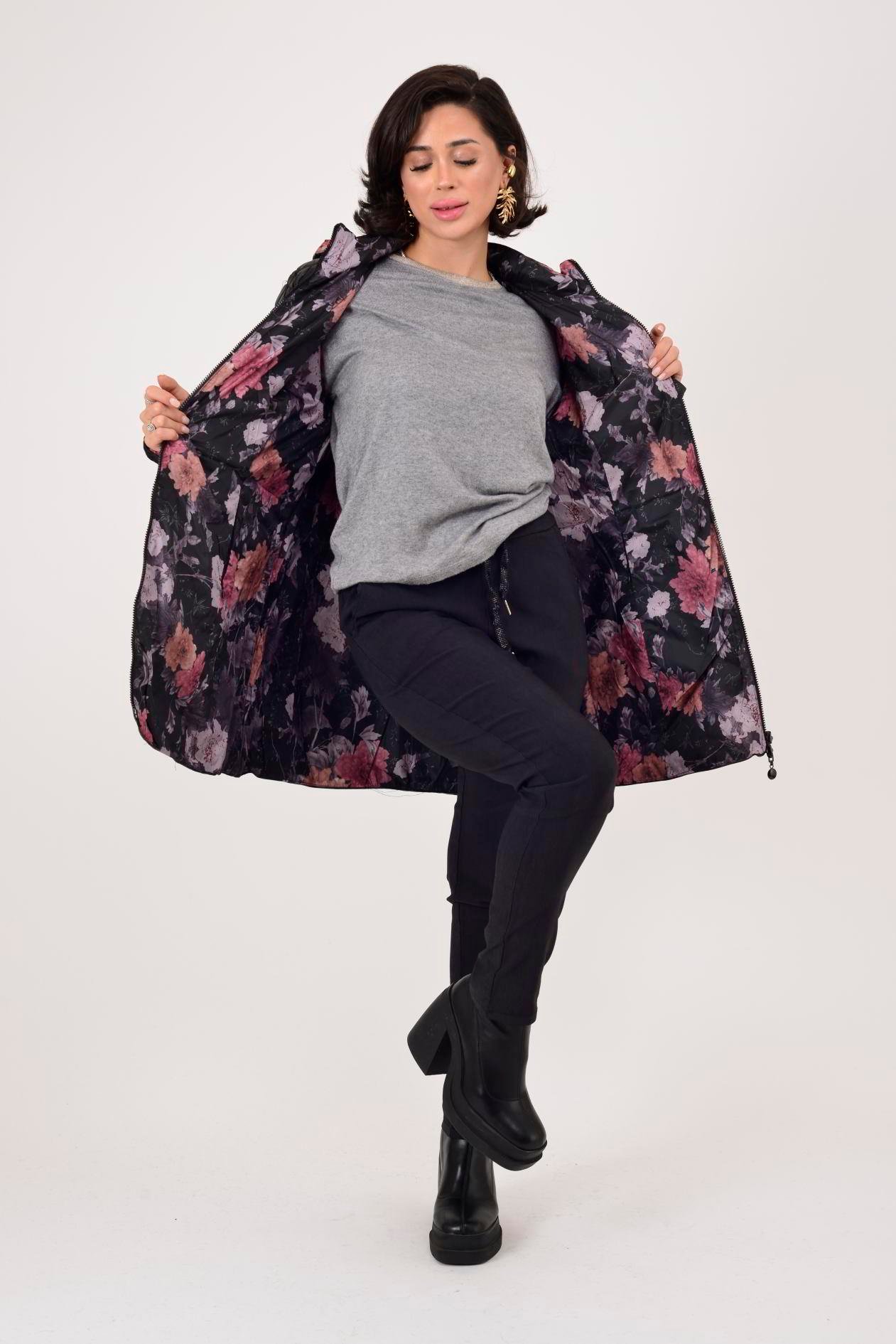 8951 TWIN ÇİÇEK DESENLİ ÇİFT TARAFLI KAPİTONE MONT