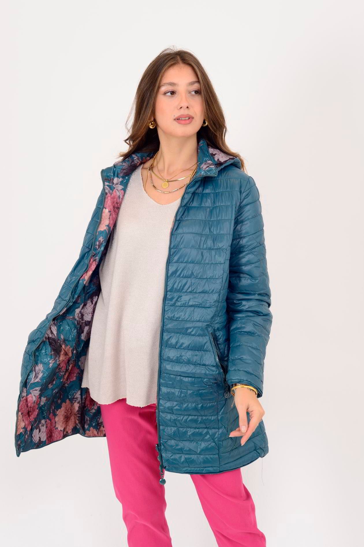 8951 TWIN ÇİÇEK DESENLİ ÇİFT TARAFLI KAPİTONE MONT