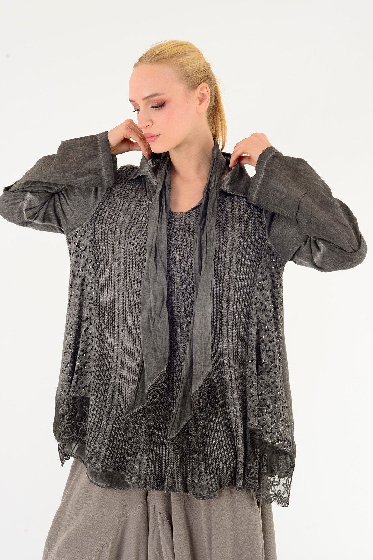 9039 DANTELLİ FULAR DETAYLI 3'LÜ TRİKO BLUZ
