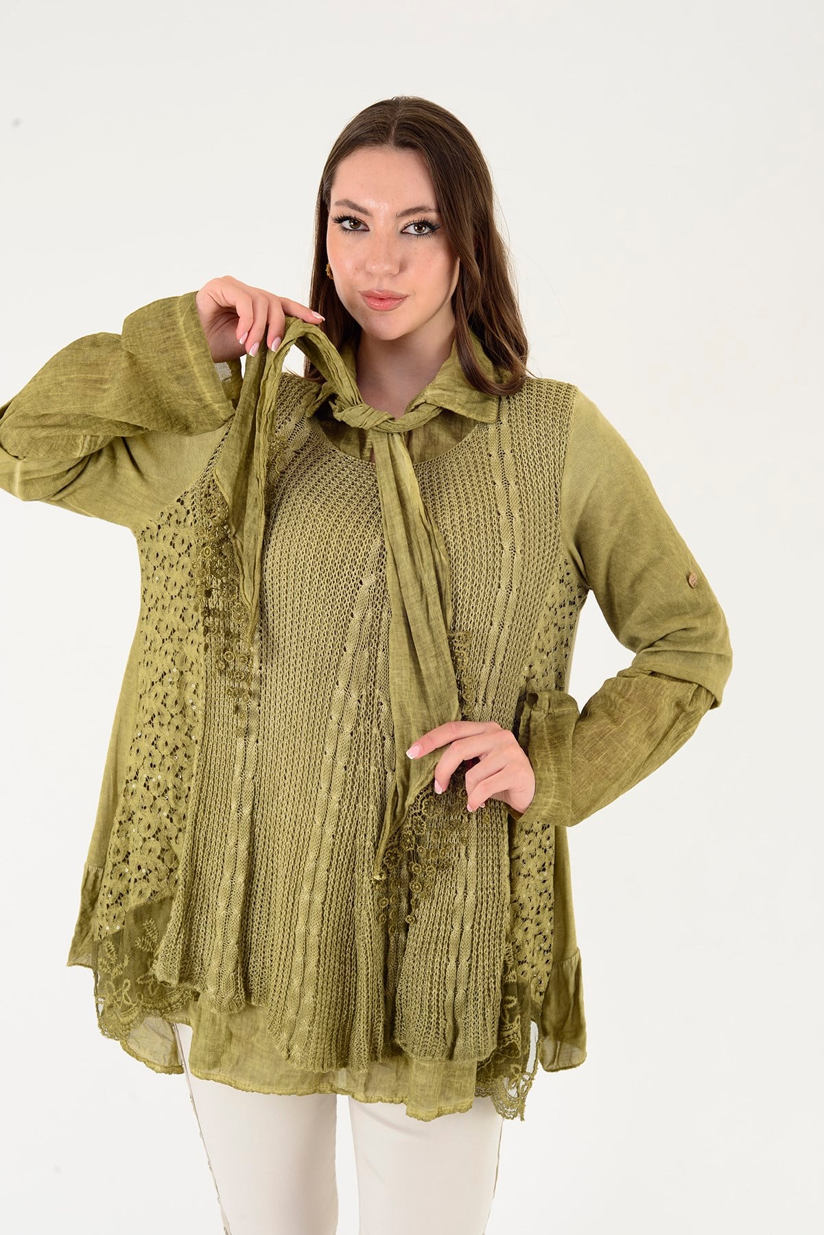 9039 DANTELLİ FULAR DETAYLI 3'LÜ TRİKO BLUZ