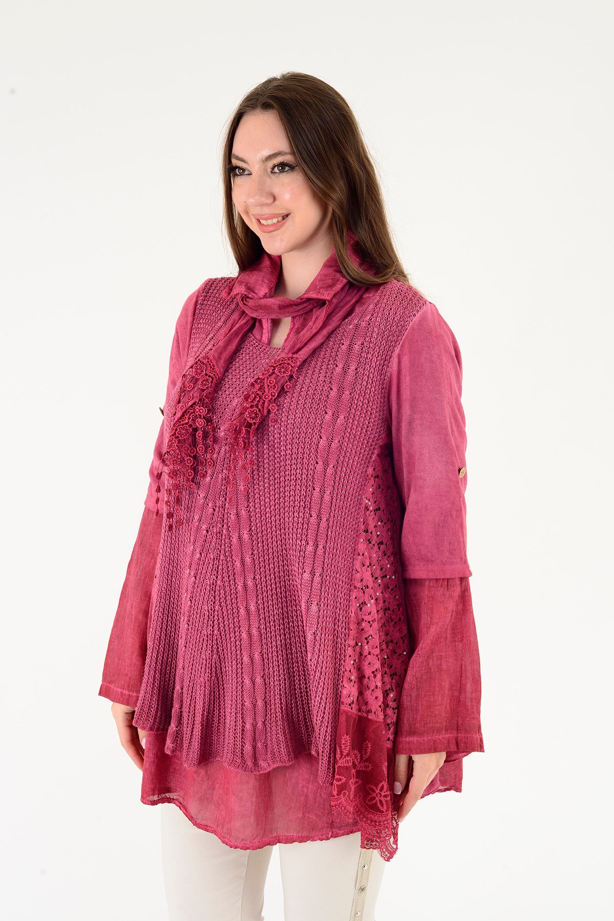 9039 DANTELLİ FULAR DETAYLI 3'LÜ TRİKO BLUZ