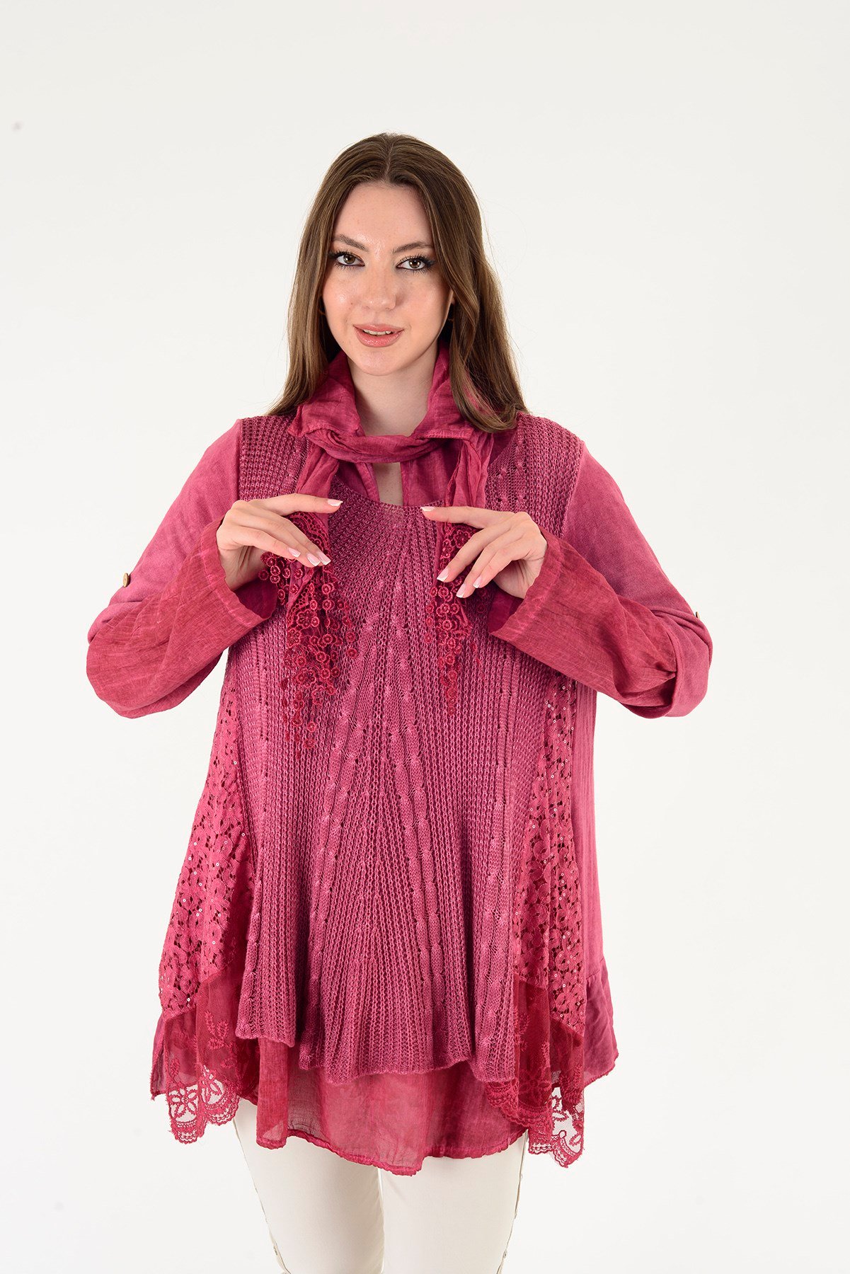 9039 DANTELLİ FULAR DETAYLI 3'LÜ TRİKO BLUZ