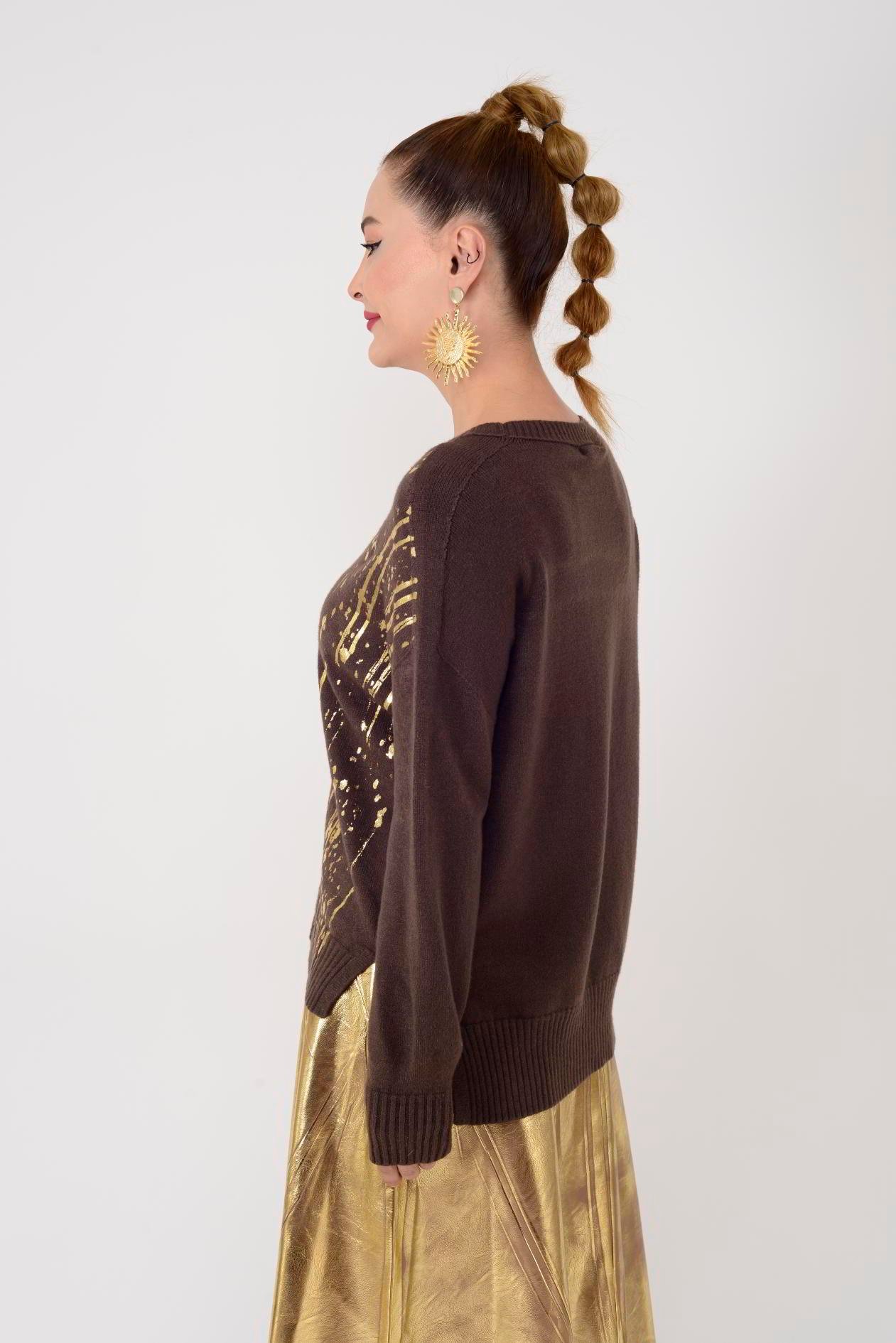 9039 GOLD DETAYLI V YAKA TRİKO BLUZ