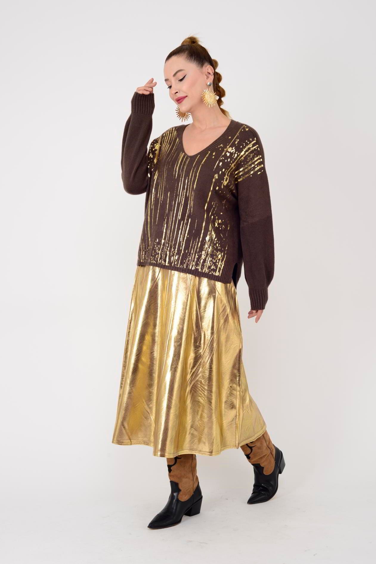 9039 GOLD DETAYLI V YAKA TRİKO BLUZ