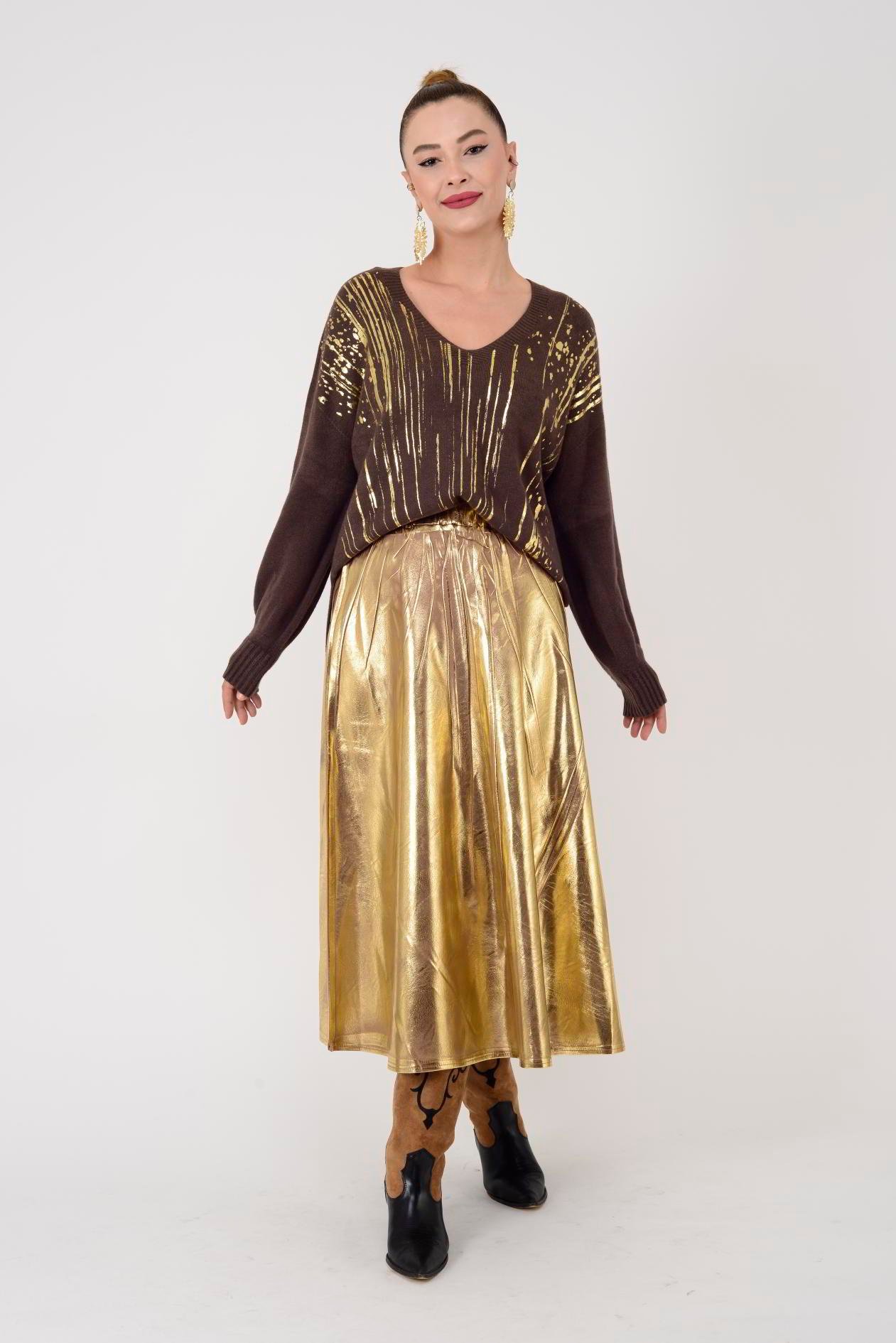 9039 GOLD DETAYLI V YAKA TRİKO BLUZ