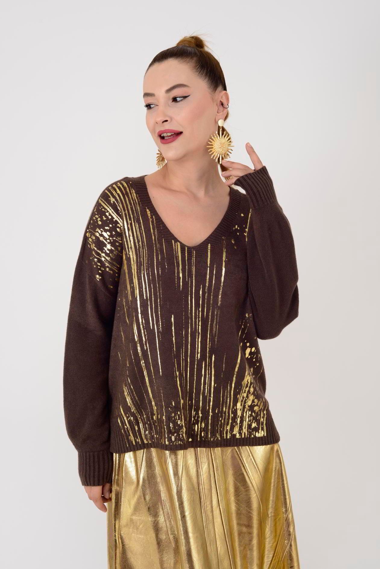 9039 GOLD DETAYLI V YAKA TRİKO BLUZ