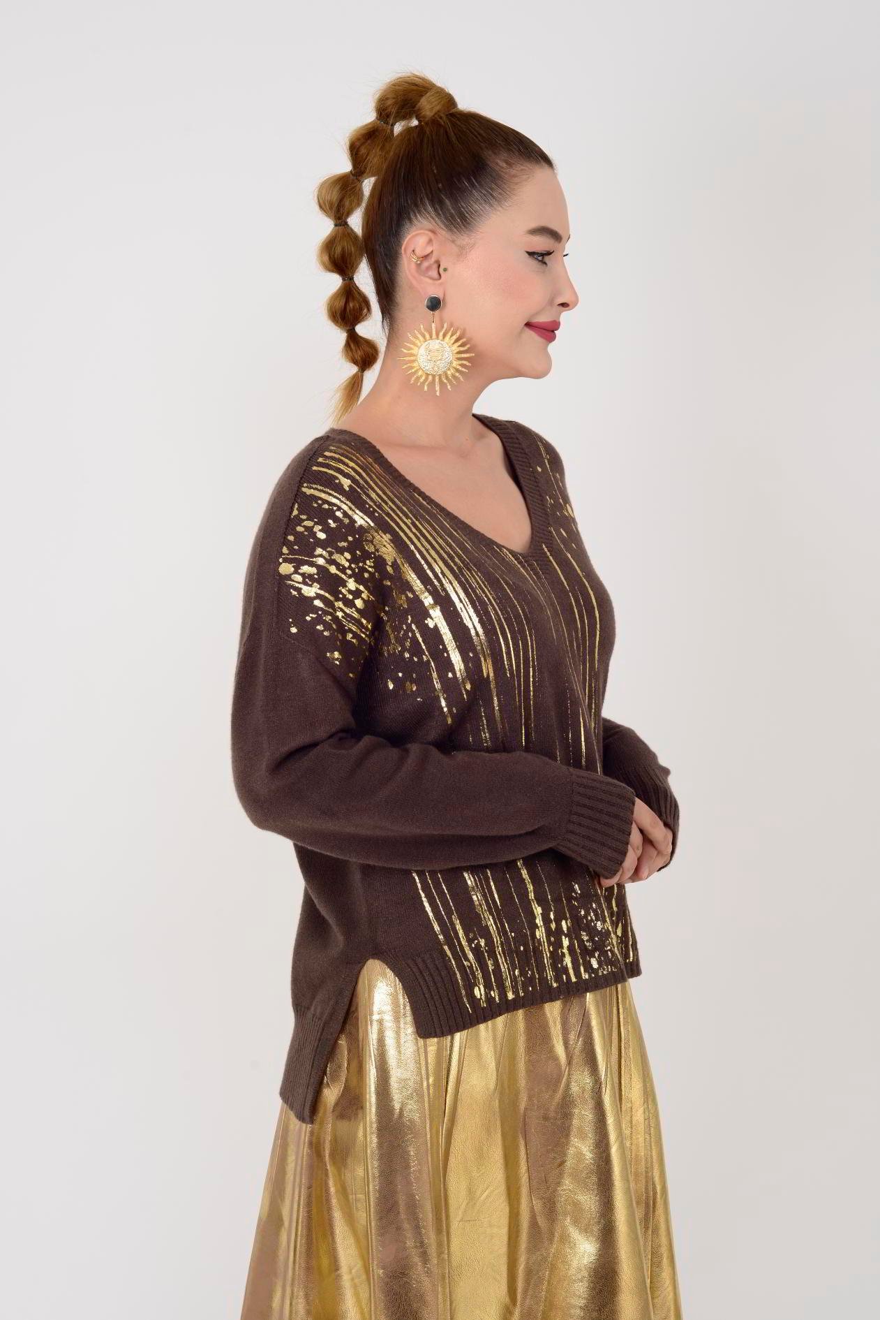 9039 GOLD DETAYLI V YAKA TRİKO BLUZ