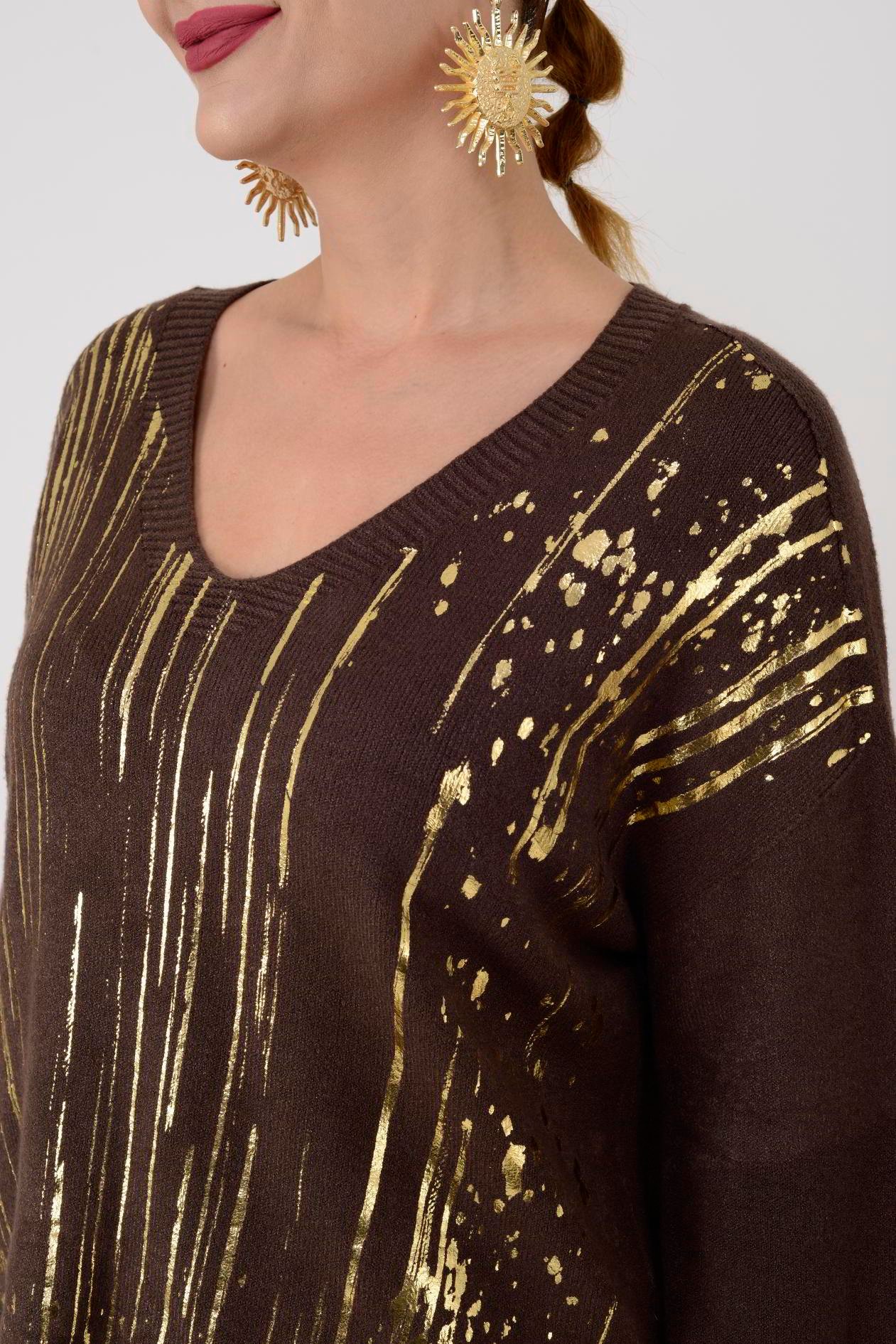 9039 GOLD DETAYLI V YAKA TRİKO BLUZ