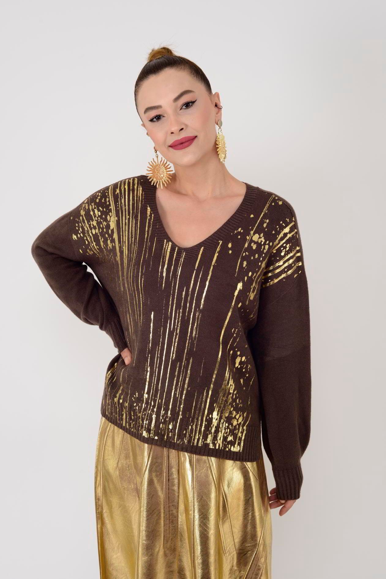 9039 GOLD DETAYLI V YAKA TRİKO BLUZ