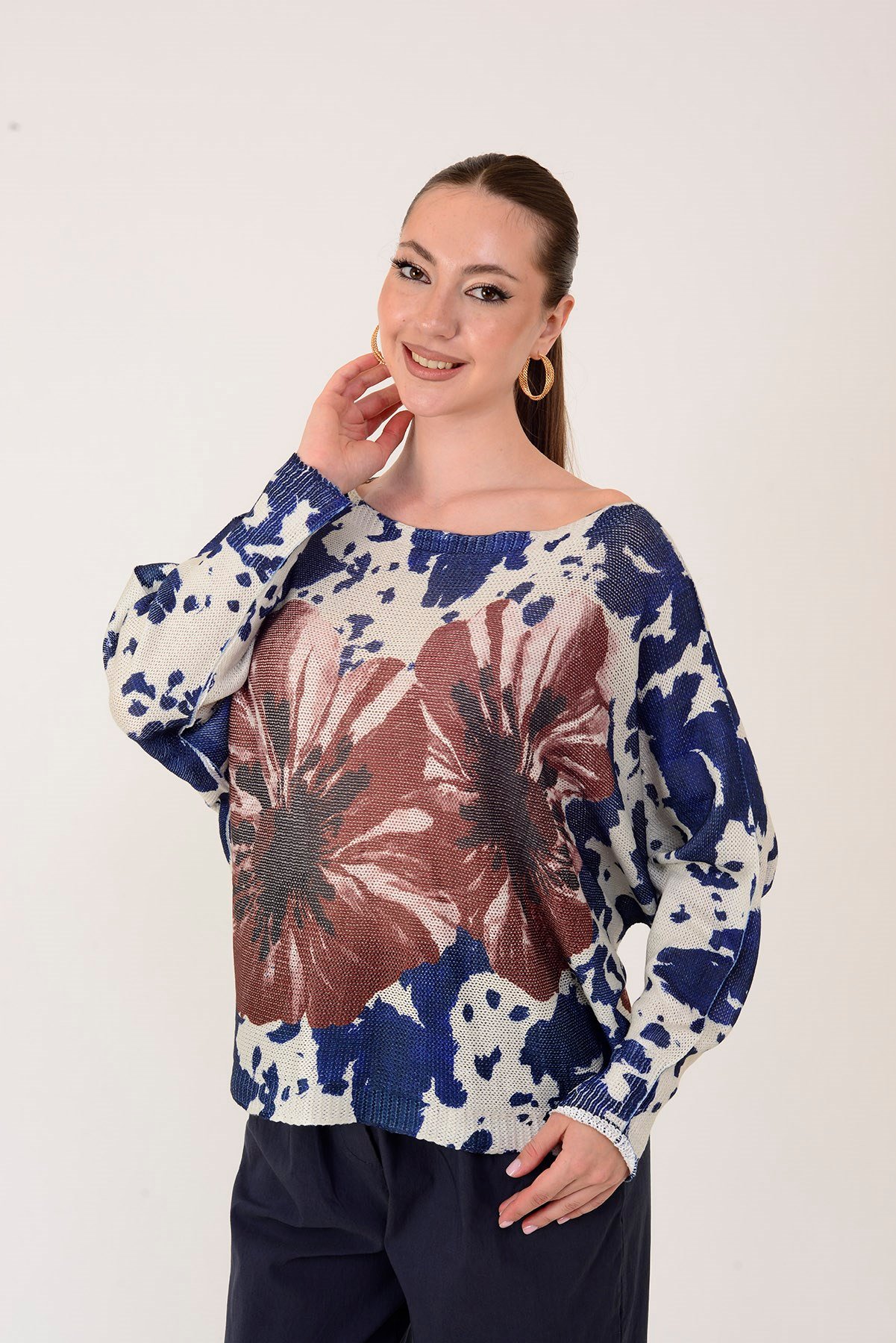9066Y-1 MERRY BATİK ÇİÇEK DESEN MERSERİZE TRİKO BLUZ