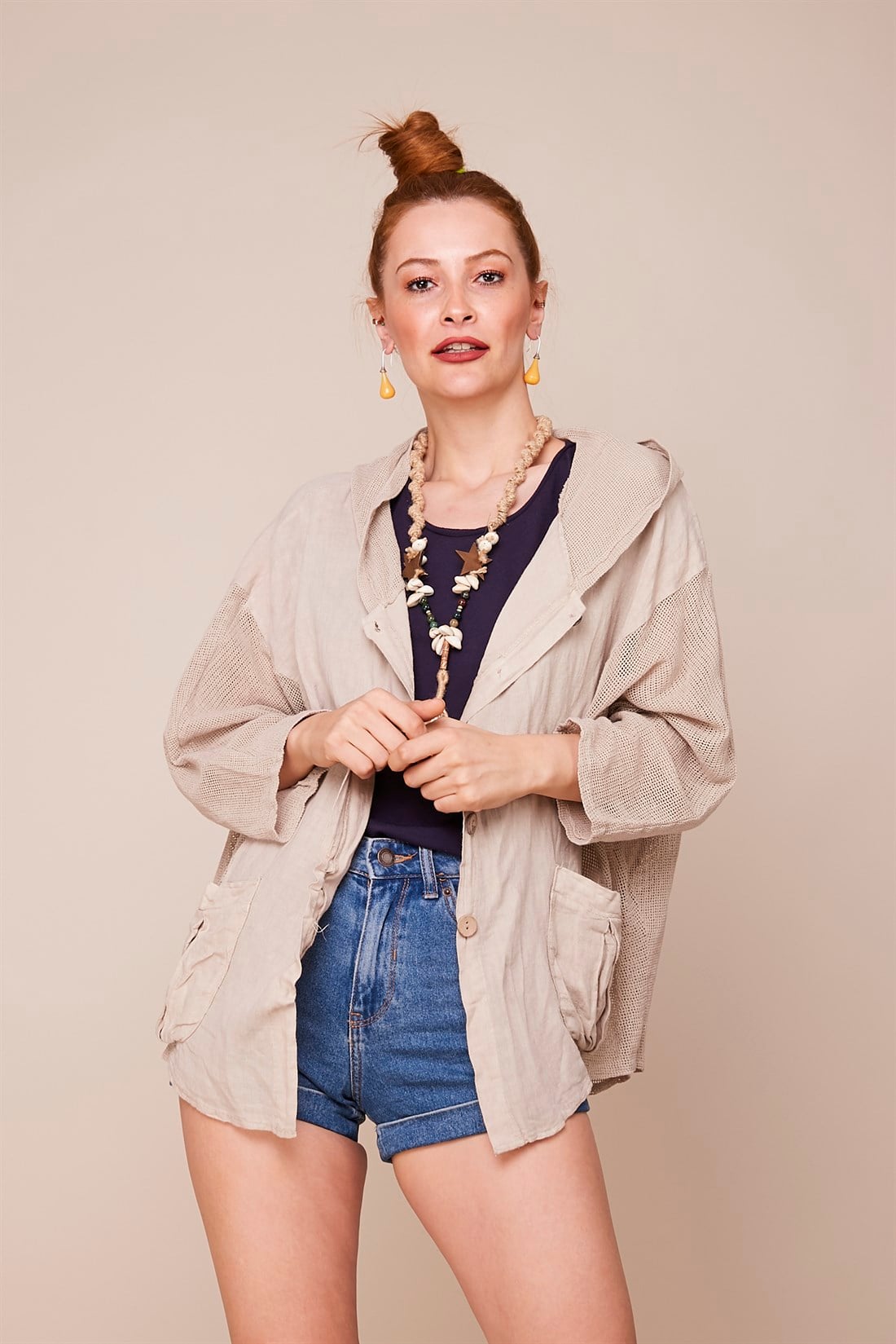 9067 FİLE DETAYLI KETEN CEKET