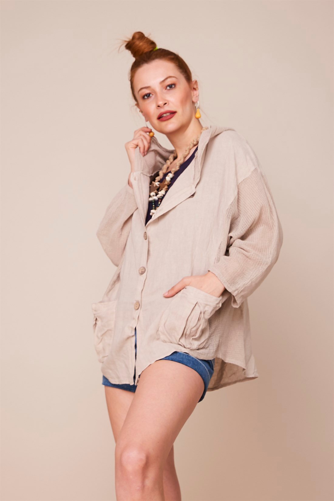 9067 FİLE DETAYLI KETEN CEKET