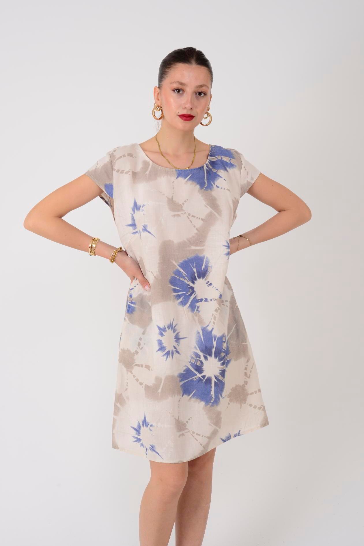 9531 BATİK SARMAL DESEN KISA KETEN ELBİSE