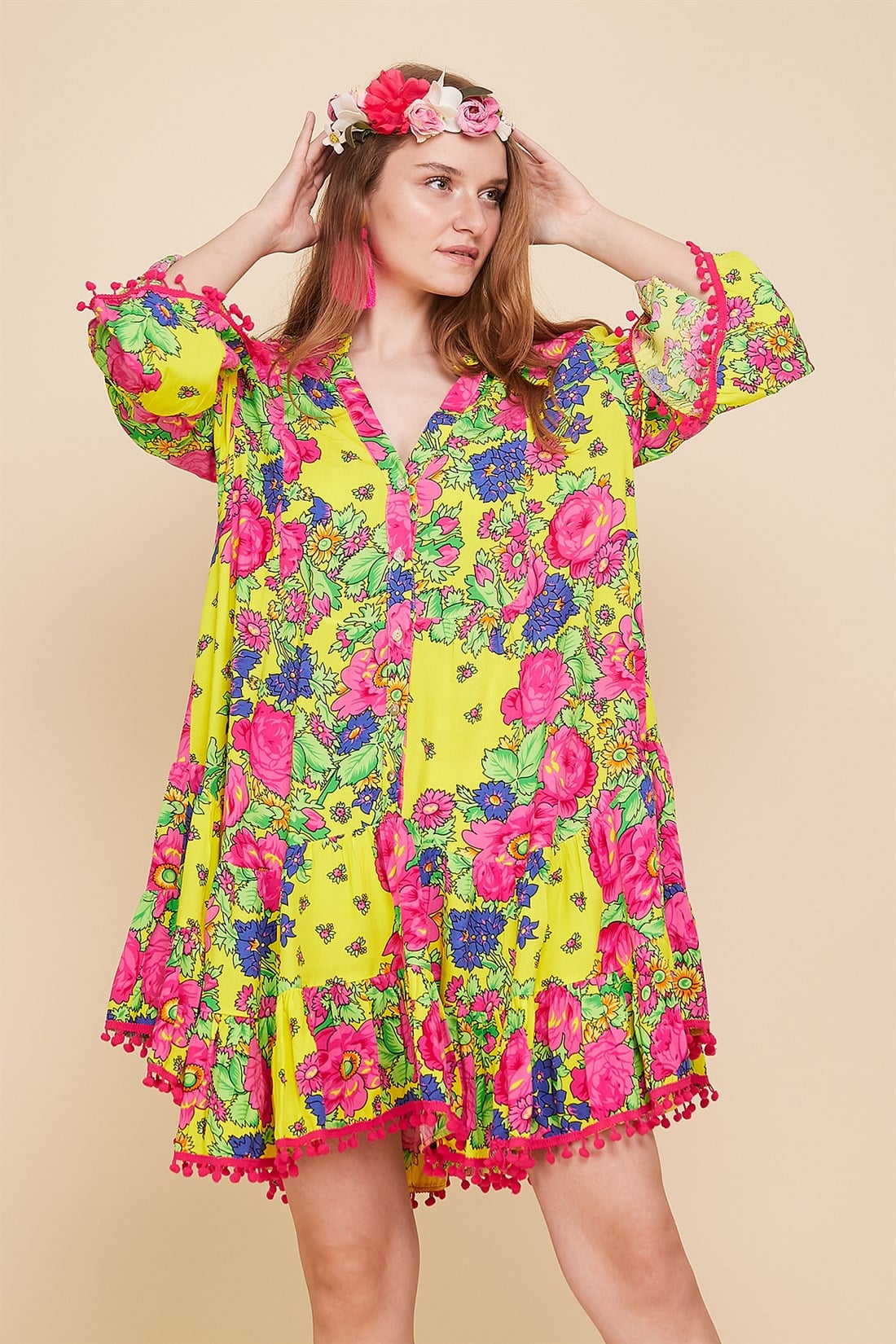 AN179 FLORAL DESEN BOHO KISA ELBİSE