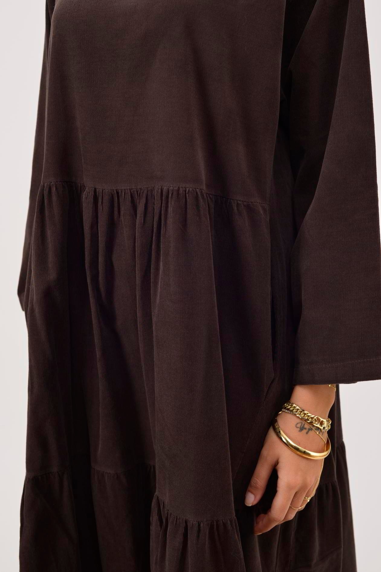 9879 LOVA BİSİKLET YAKA FİTİLLİ KADİFE ELBİSE