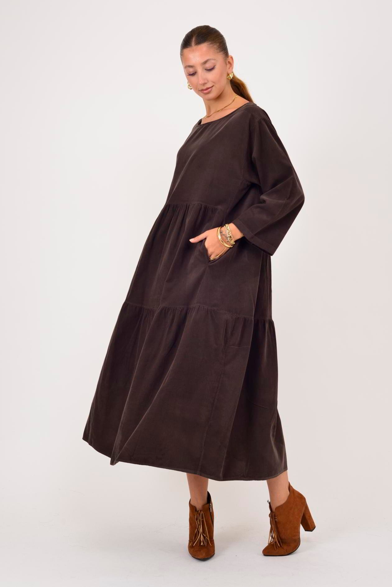 9879 LOVA BİSİKLET YAKA FİTİLLİ KADİFE ELBİSE