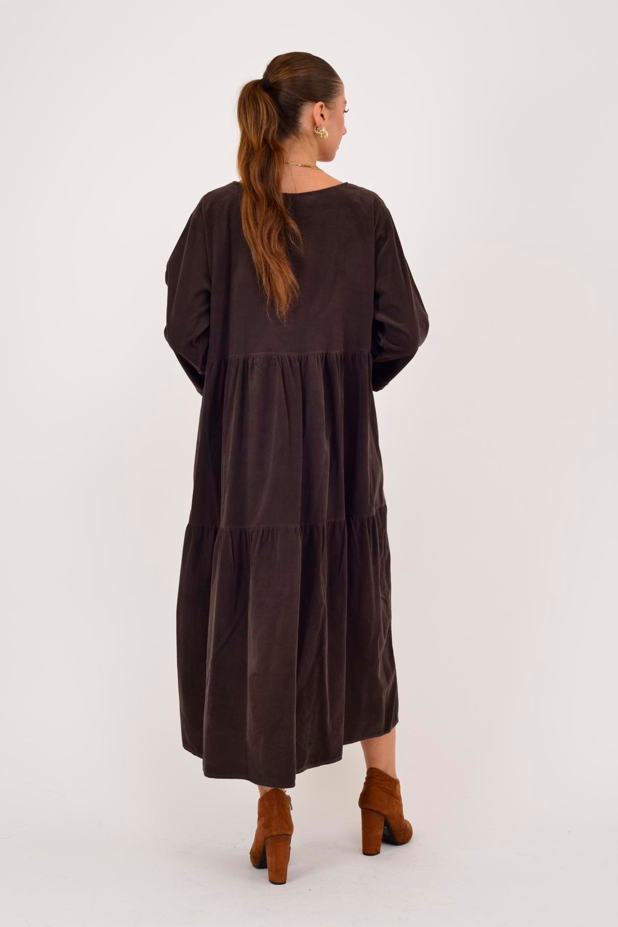 9879 LOVA BİSİKLET YAKA FİTİLLİ KADİFE ELBİSE