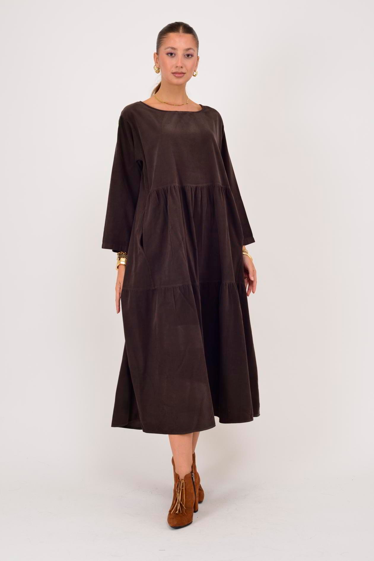 9879 LOVA BİSİKLET YAKA FİTİLLİ KADİFE ELBİSE