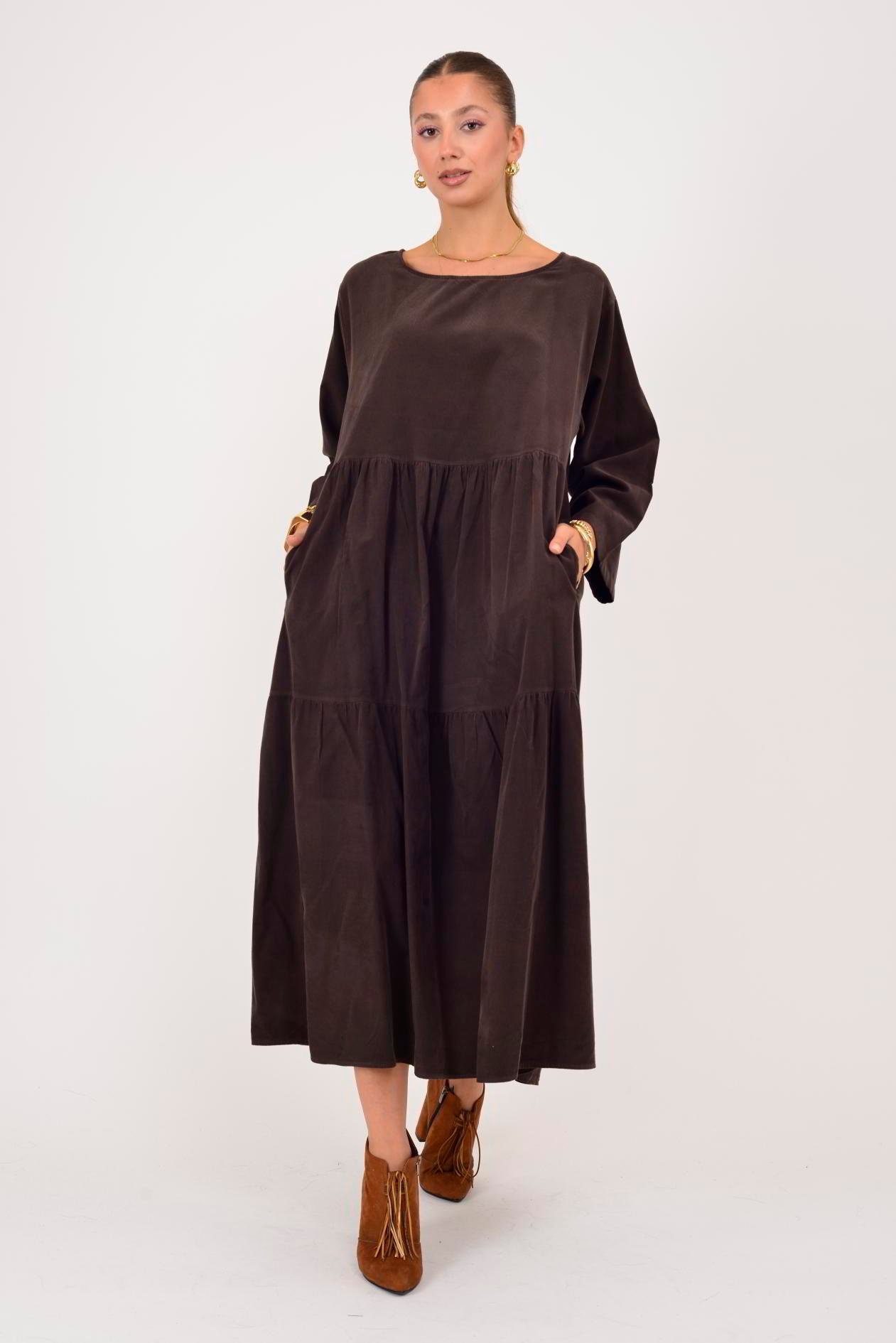 9879 LOVA BİSİKLET YAKA FİTİLLİ KADİFE ELBİSE