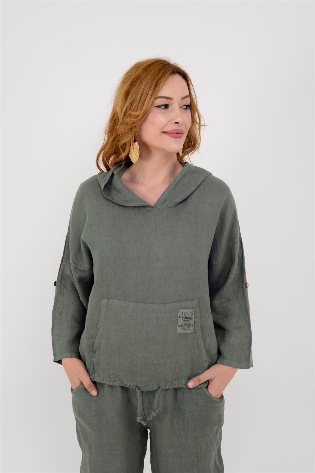 9904 KAPÜŞONLU KISA KETEN SWEAT