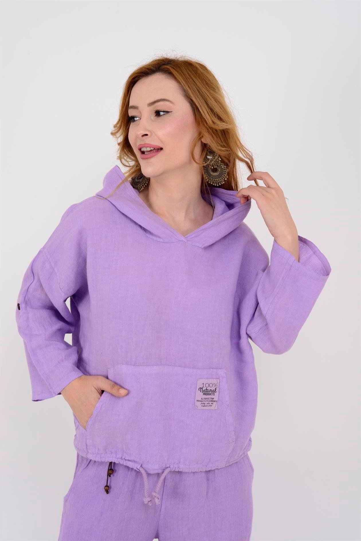 9904 KAPÜŞONLU KISA KETEN SWEAT
