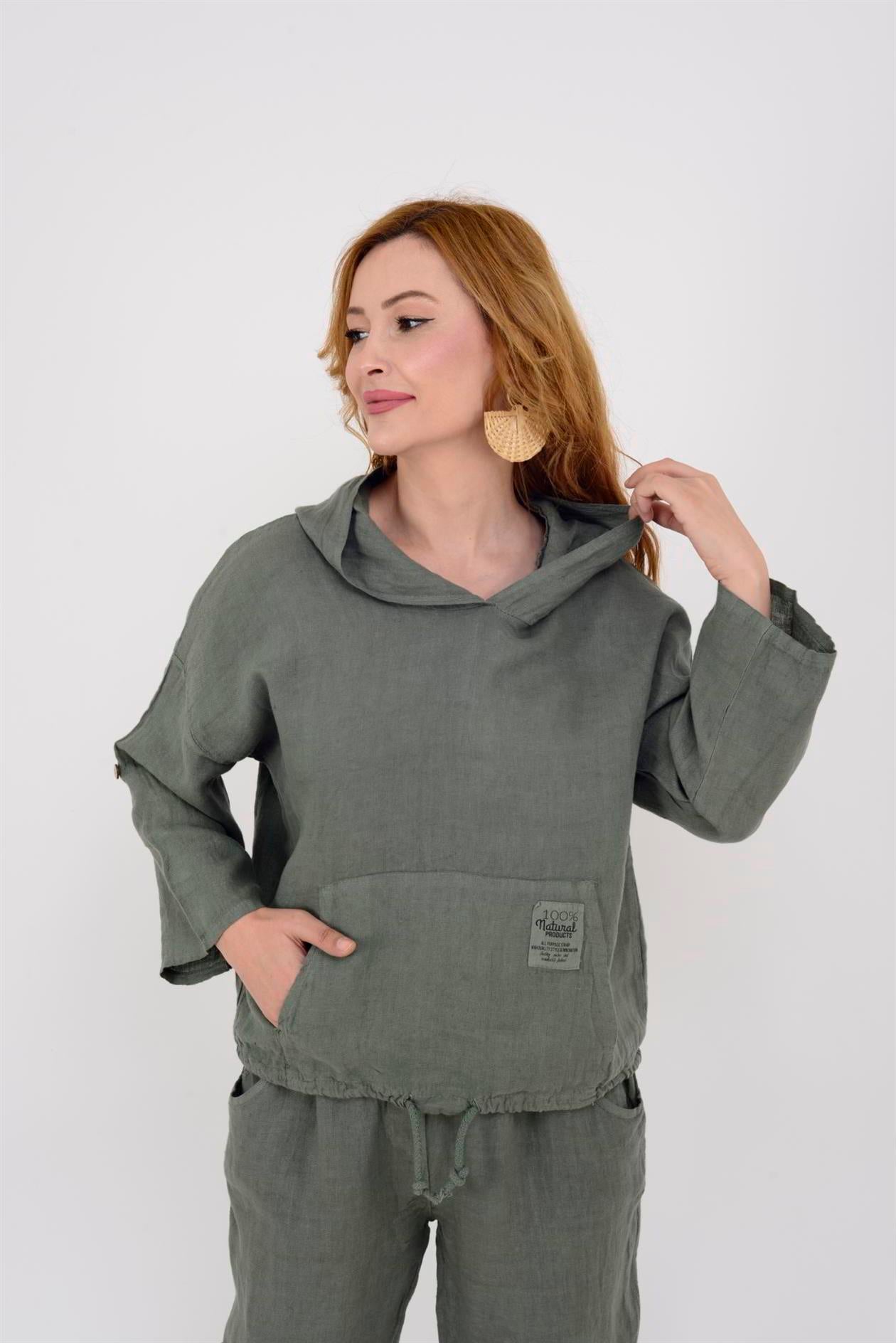 9904 KAPÜŞONLU KISA KETEN SWEAT