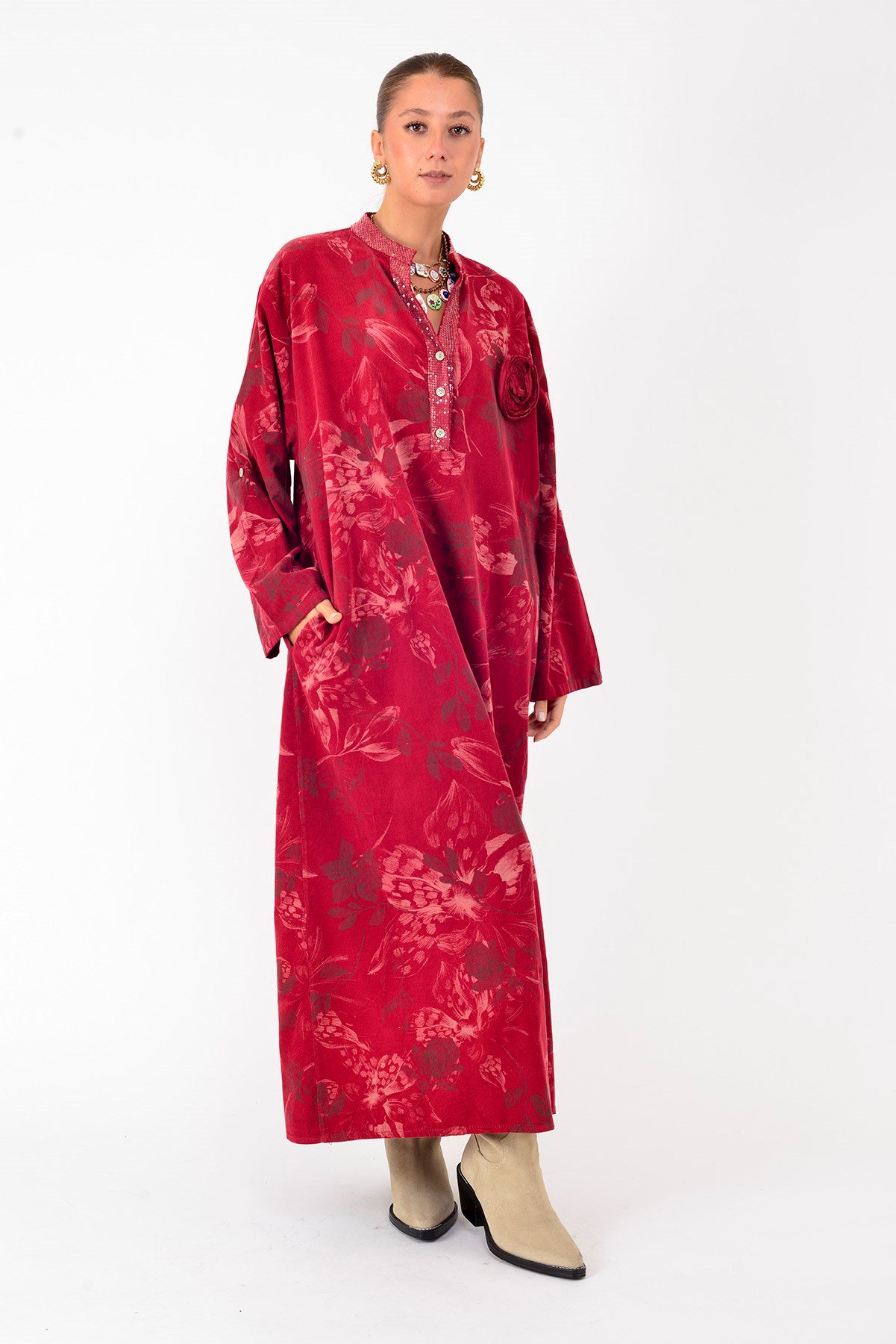 A0567 LOVA PAYET DETAYLI ÇİÇEK DESEN FİTİLLİ KADİFE ELBİSE