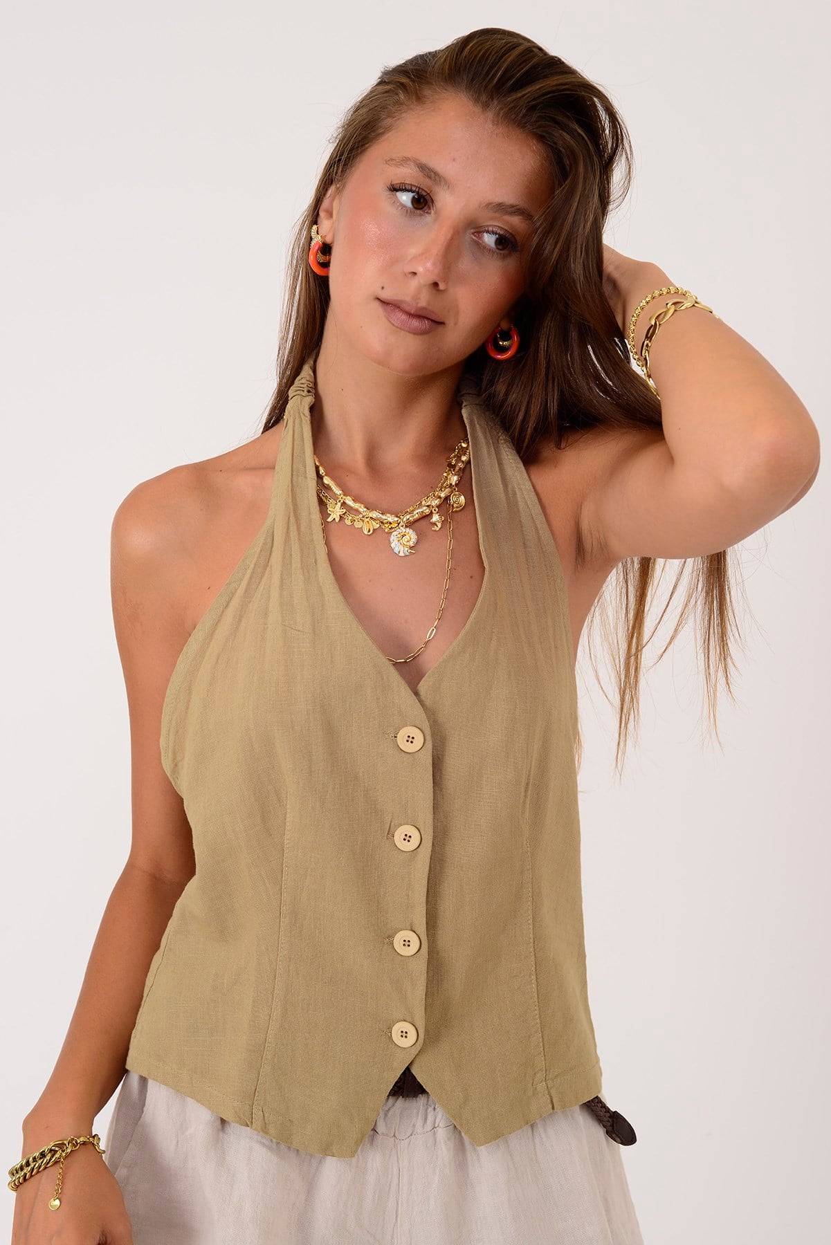 A1365 HALTER YAKA SIRT DEKOLTELİ KETEN GÖMLEK