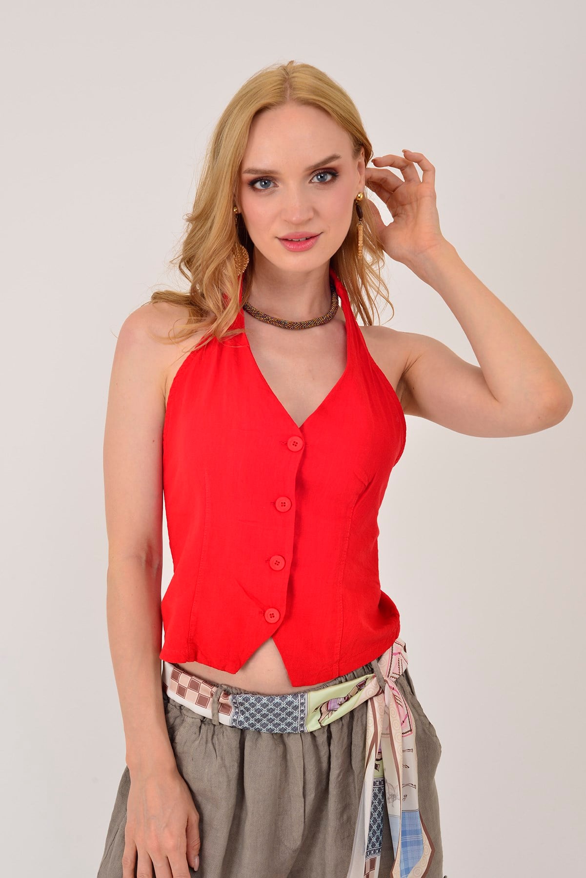 A1365 HALTER YAKA SIRT DEKOLTELİ KETEN GÖMLEK