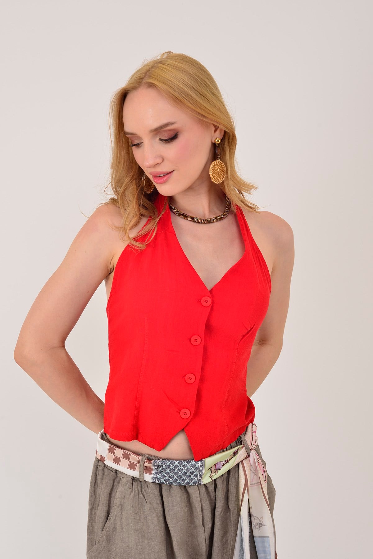 A1365 HALTER YAKA SIRT DEKOLTELİ KETEN GÖMLEK