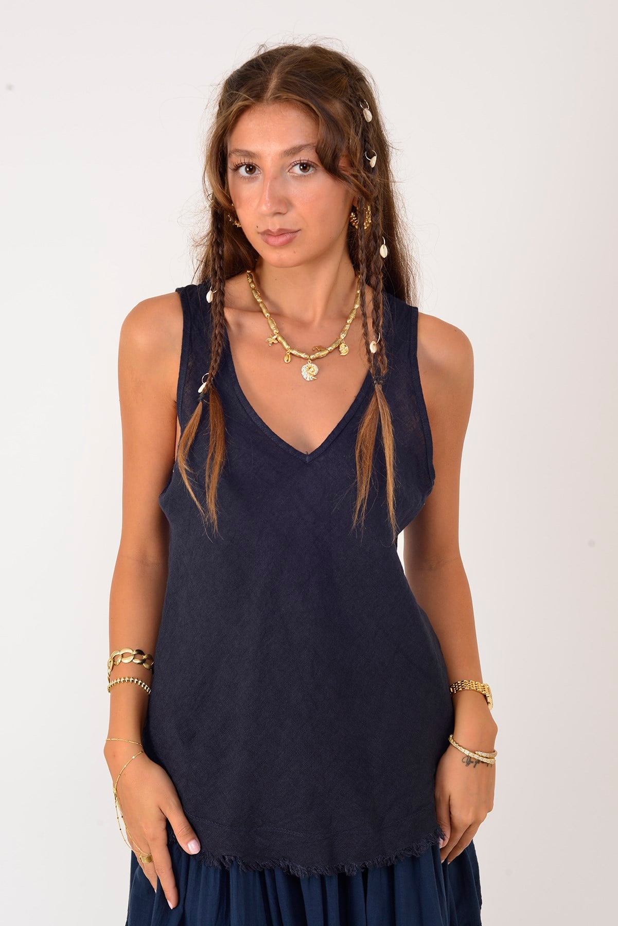 A8438 ÖN ARKA V YAKA KOLSUZ KETEN BLUZ