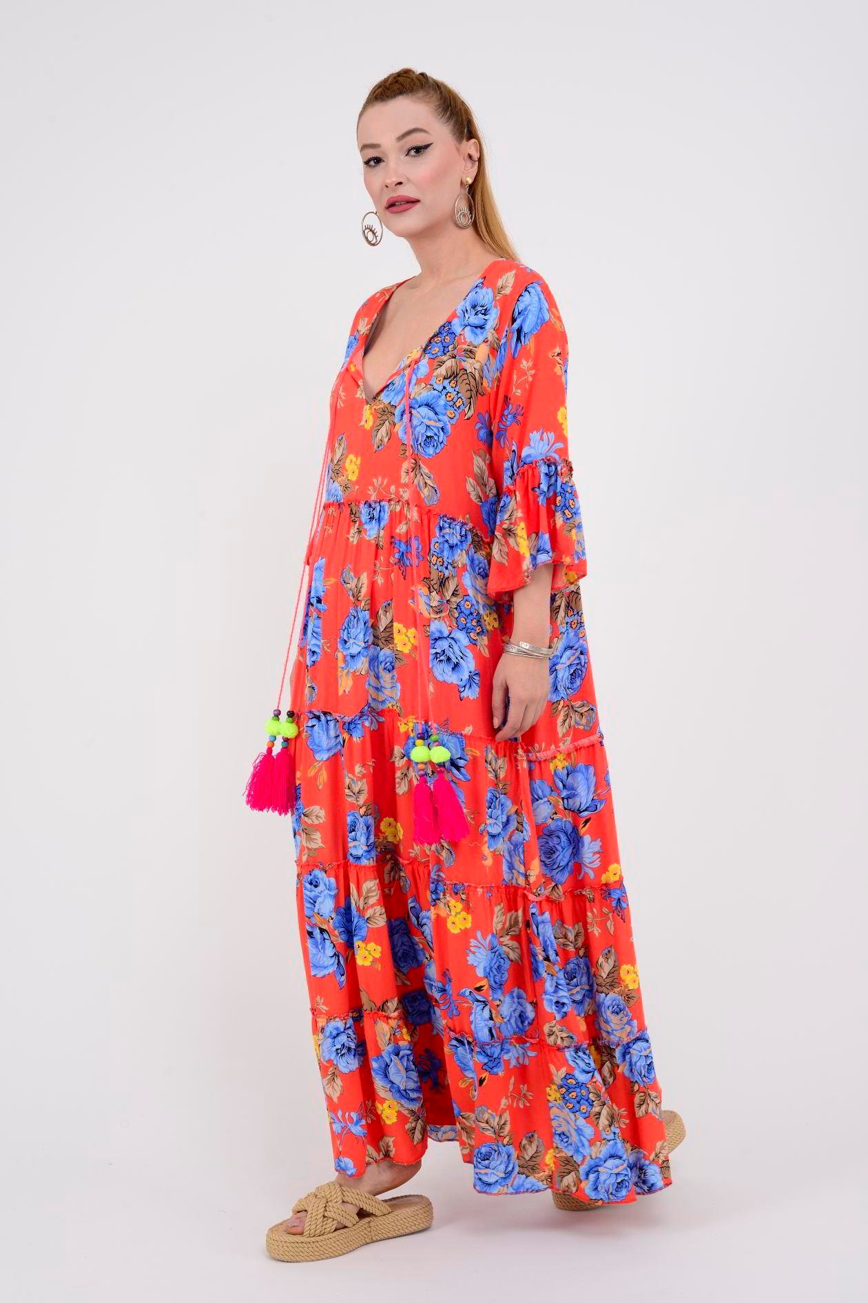ADN135 GÜL DESEN BOHO ELBİSE