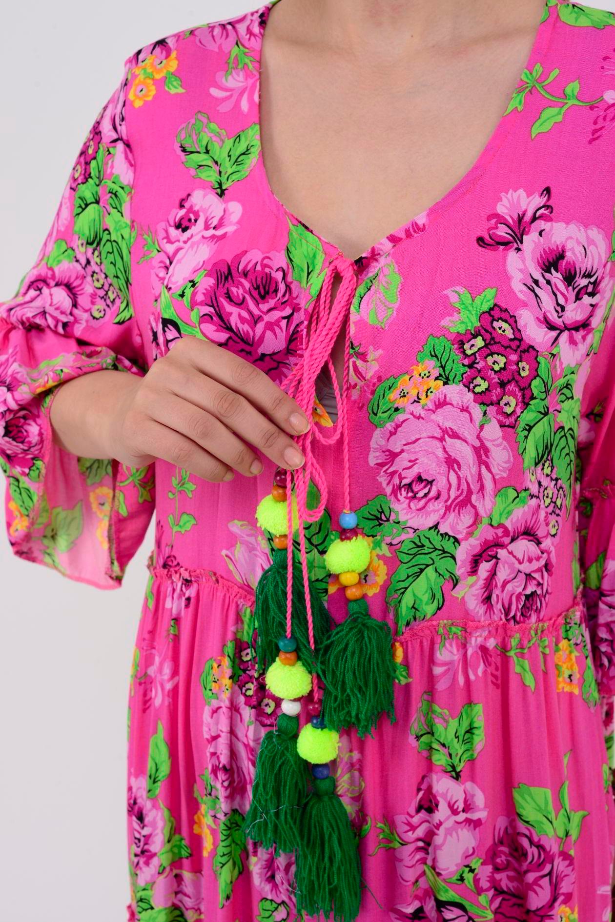 ADN135 GÜL DESEN BOHO ELBİSE