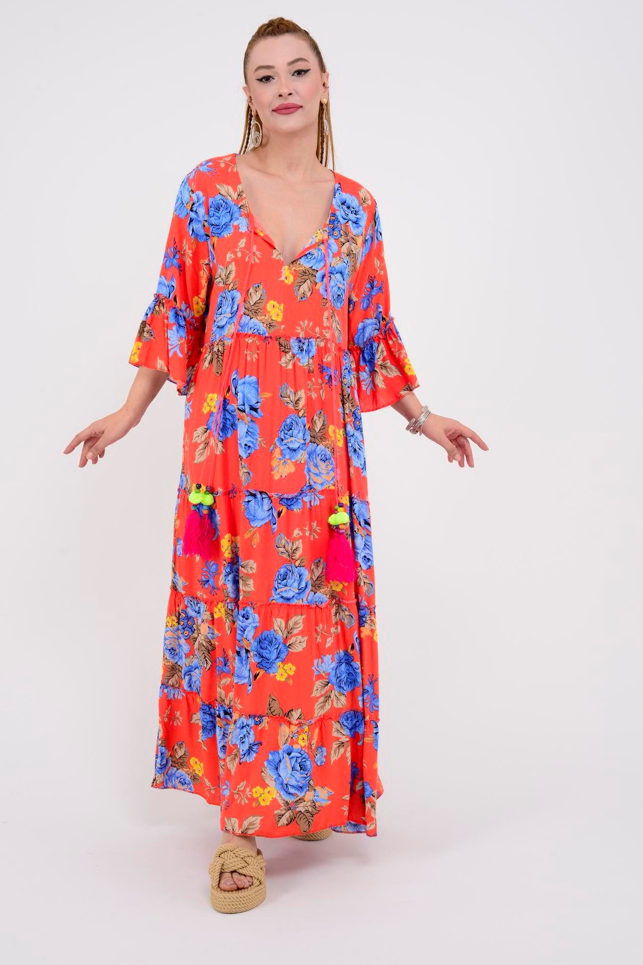 ADN135 GÜL DESEN BOHO ELBİSE