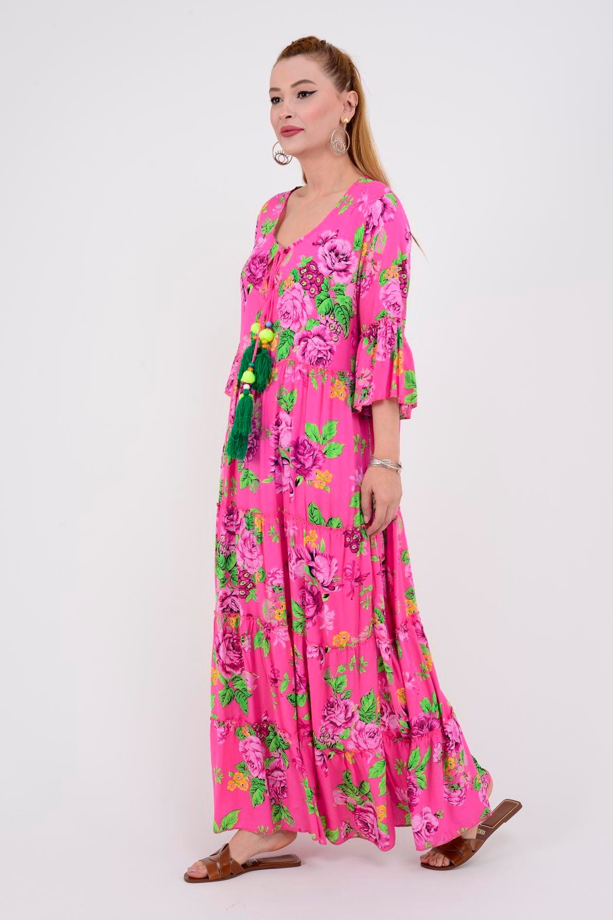 ADN135 GÜL DESEN BOHO ELBİSE